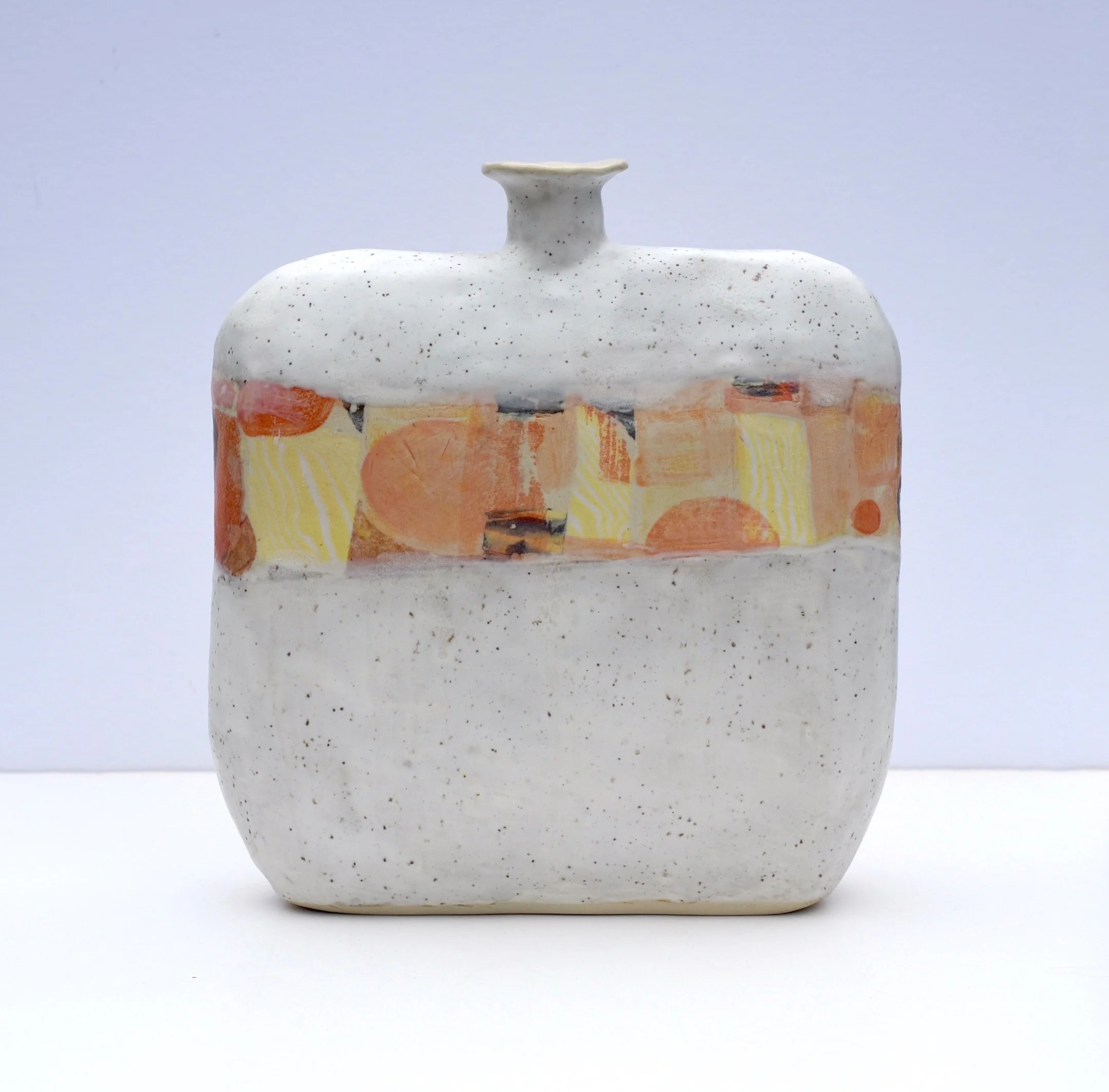 White + Orange Pattern Flat Vase