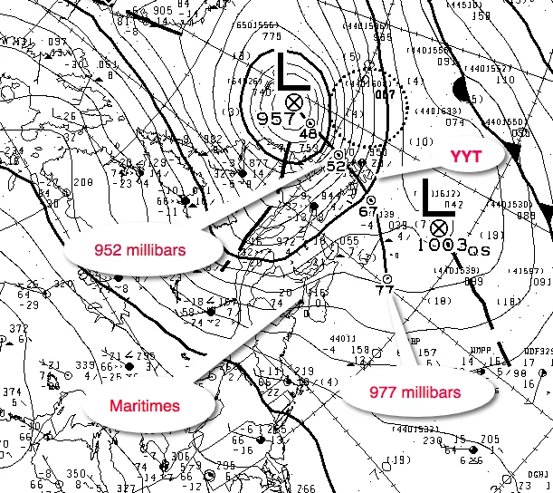 A wildly intensifying low pressure originated from The Cape Hatteras area and exploded as it tracked over Newfoundland into the Labrador Sea.