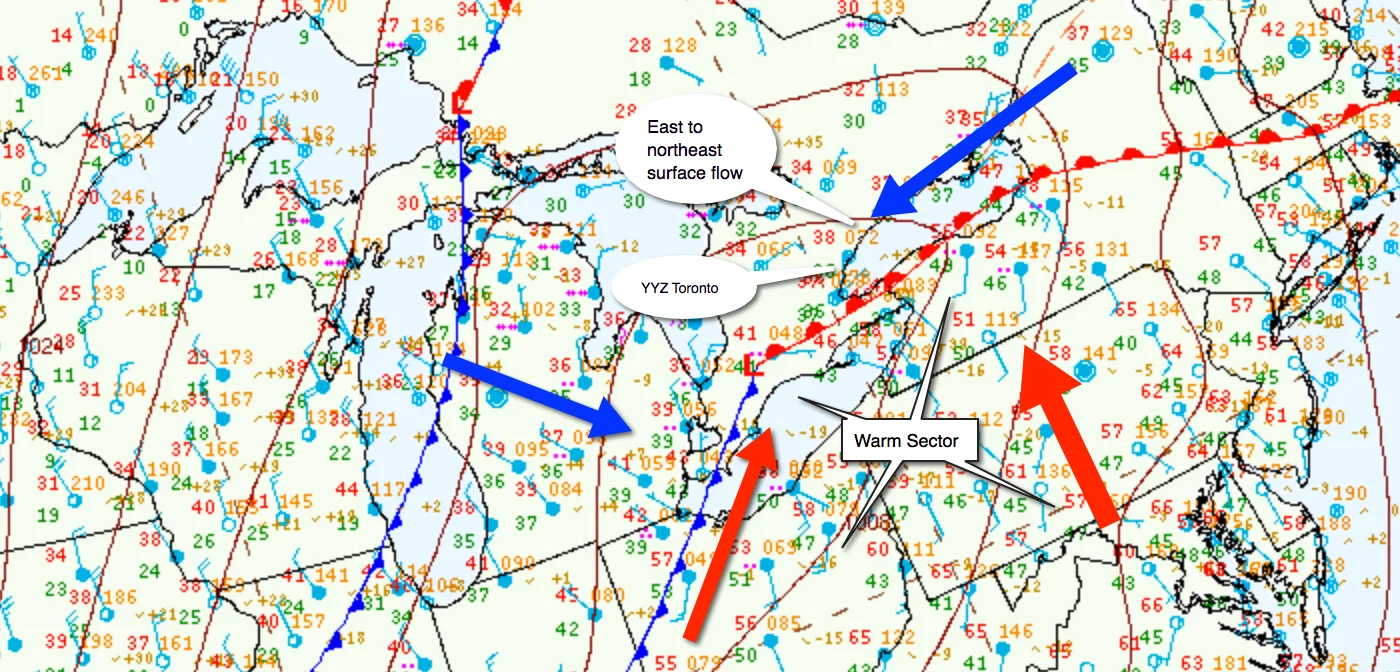 Surface analysis depicting a weak low pressure spreading an easterly flow over southern Ontario. An upper trough supporting this low, spread 25 to 45 knot southwest winds aloft at 3,000 to 5,000 feet.