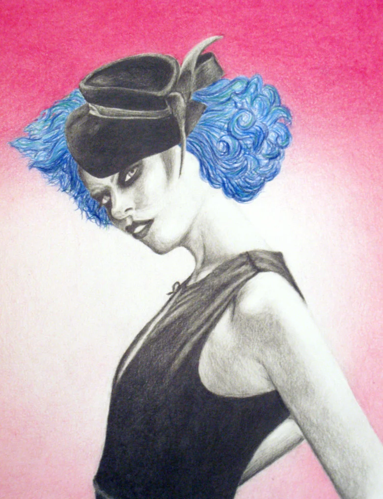 "Merry the Night". Fashion illustration, colored pencil & graphite on paper. 11x14". 2009.