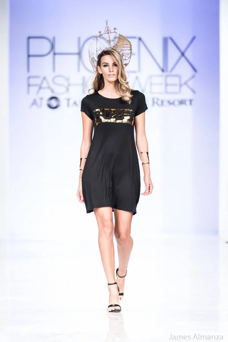 Model Chante Fox wearing our Body Love Gold Shine Dress. Click here to shop!
