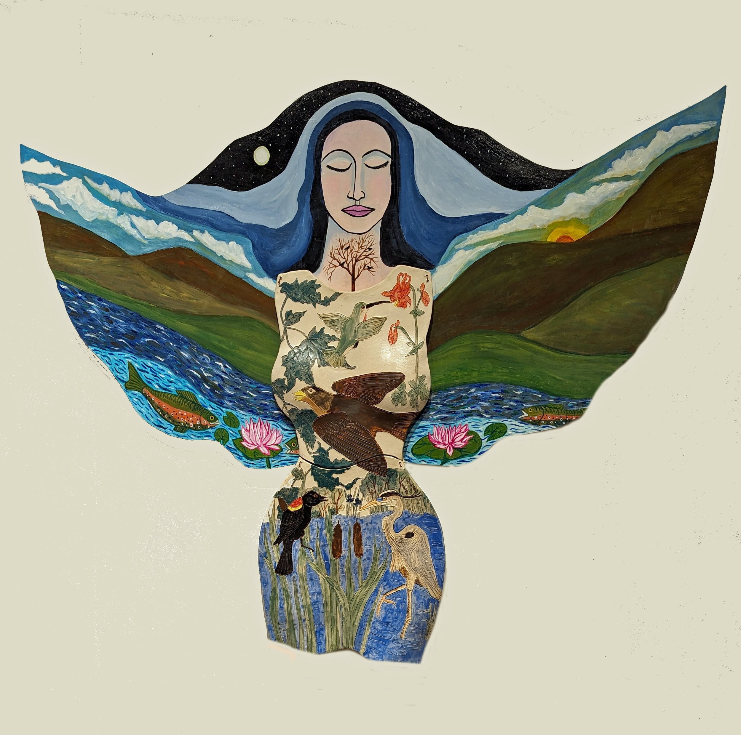 A mixed-media artwork combining landscape painting and botanical illustration, featuring a serene woman with closed eyes and flowing dark hair, surrounded by mountains, water, animals, and plants.