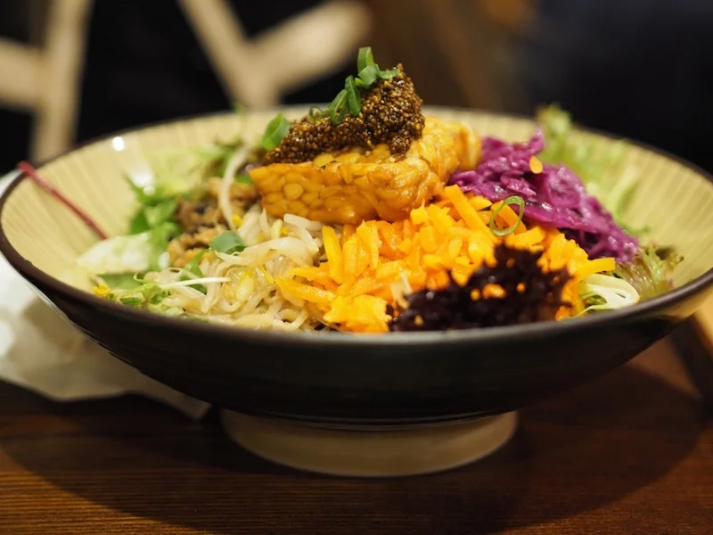 Macro Dragon Bowl: biodynamic brown rice, topped with seasonal veggies, organic tempeh & seaweed. Served w lemon tahini cream + miso soup.