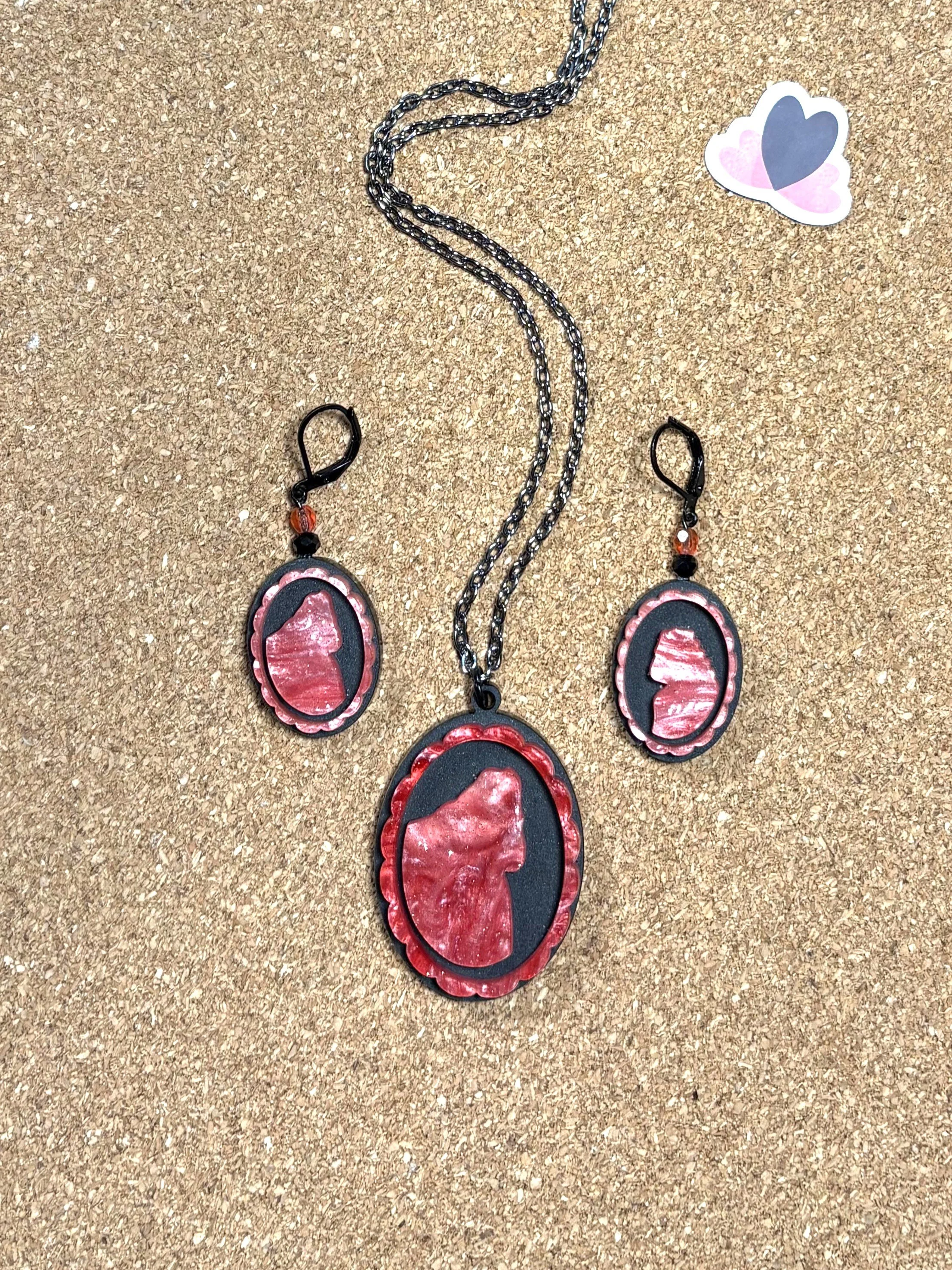 Cameo SquatchAcrylic Earring & Pendant Set - Pink on Black
