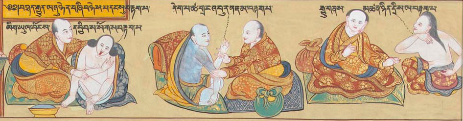  Tibetan medical thangka depicting the three types of diagnosis: observation, palpation, and inquiry