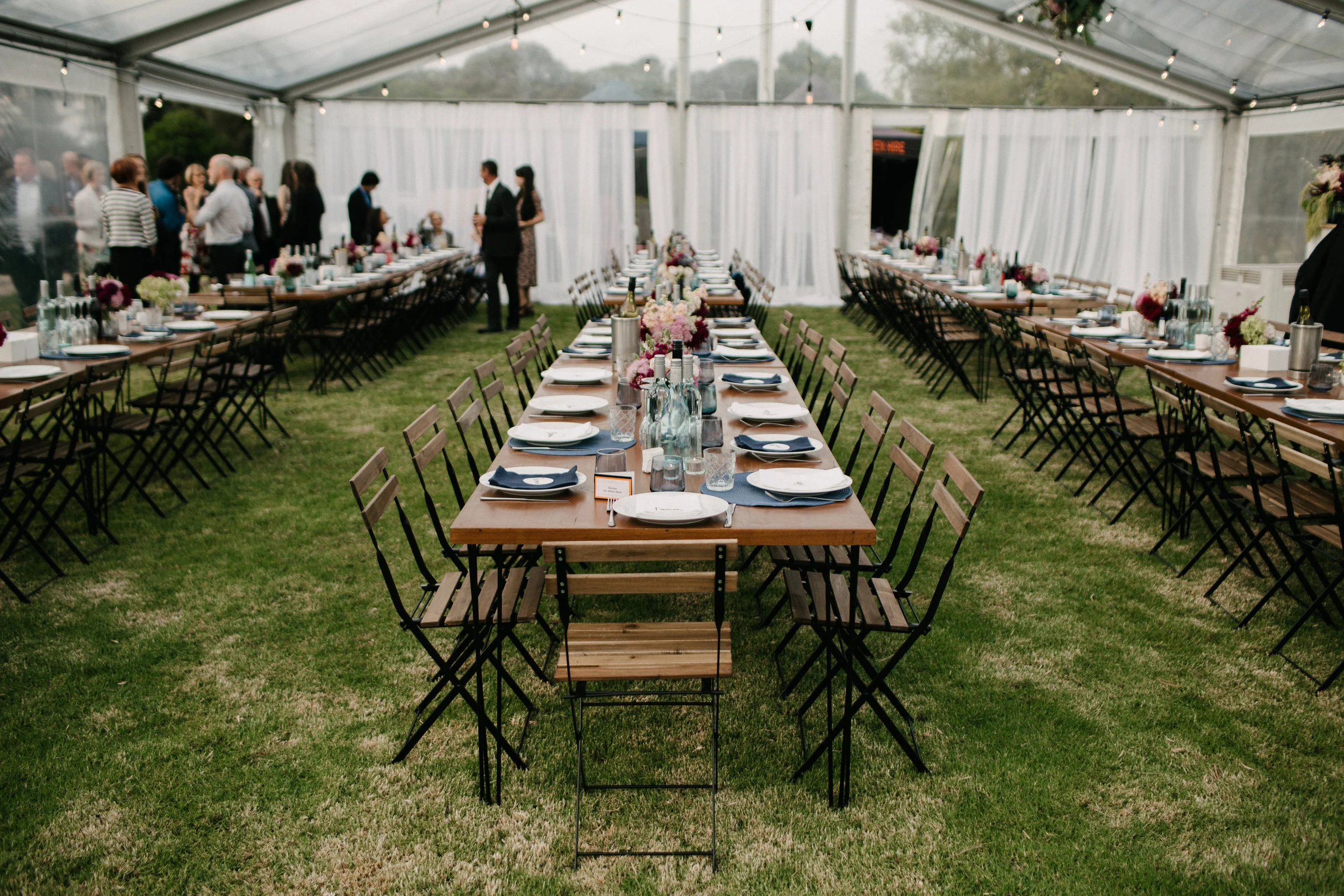 Our Noojee Dining Tables are paired with bistro folding chairs, set under a clear span marquee (Copy)