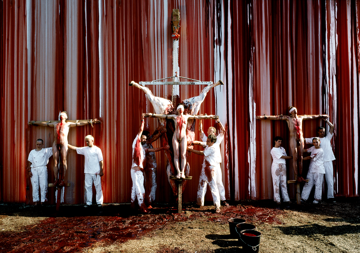 Hermann Nitsch Triple Crucifixion at The Six Day Aktion, Prinzendorf. Portrait by Anthony Oliver