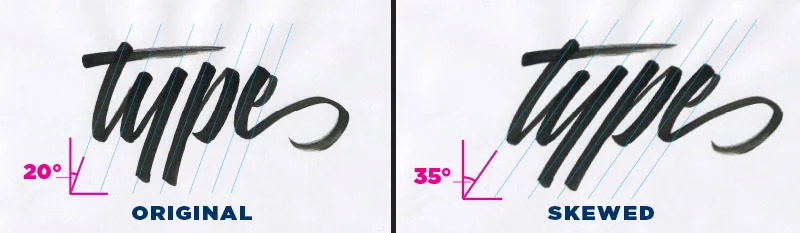 Another aspect of the brush script style is the angle at which the tool is held while writing the letters. This is something that will really help when it comes to drawing the letters with pencil. Notice that the angle of the tool is held consistently throughout each stroke. In this way, the angle at the top of the stroke should match that of the bottom of the stroke. 