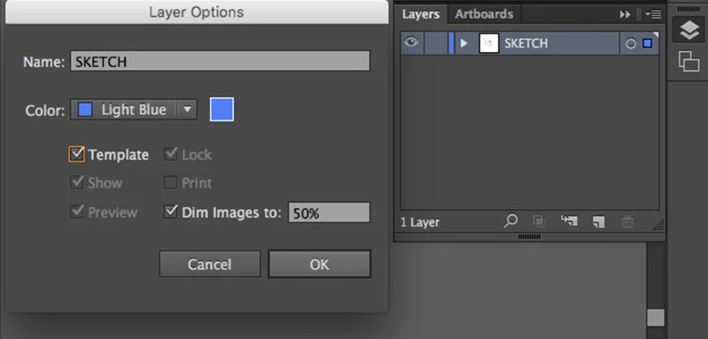 In Adobe Illustrator, I place my image into the document, label its layer “sketch”, and then set that layer to be a template. As a template layer, its contained image will be dimmed to whatever percentage of opacity you choose. Another feature of template layers is that your image will render even when you are in Outline Mode (Command + Y). Outline mode is a display setting that will show you the bare bones of your paths. In this mode, the strokes and fills of your paths will be hidden. This mode is useful for studying the shape of your path. I then lock the sketch layer and create a new layer for my digital paths.
