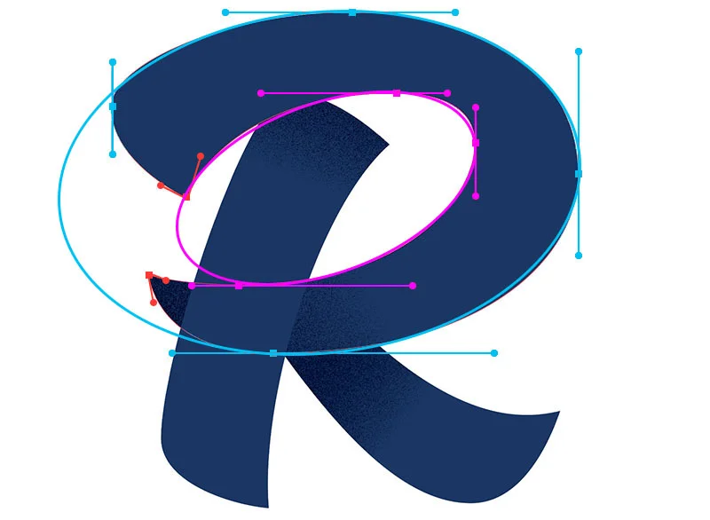 When placing points on an irregular shape, your points should also be positioned on the extrema of each arc. One way to think about the construction of the bowl of the letter "R", is that you are basically creating two shapes; an inside and an outside. You will need to place your points on the extrema of both the outside and inside shape. 