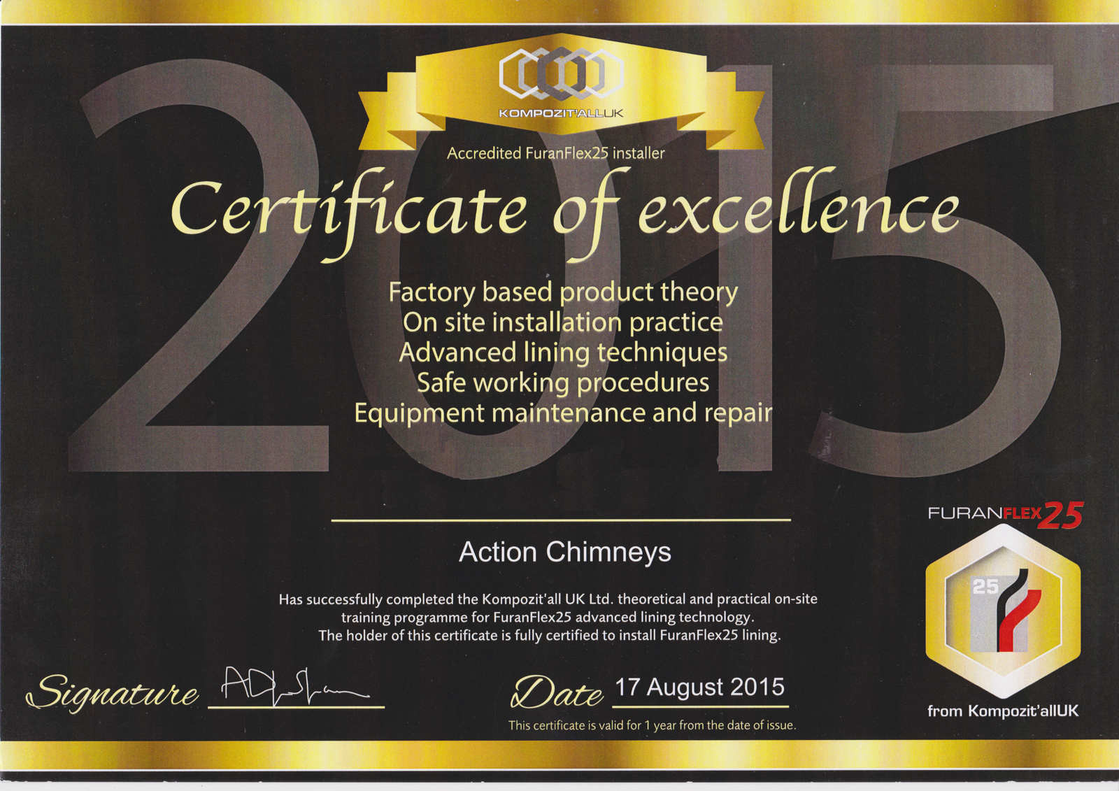 Furanflex25 certificate that each employee is presented with