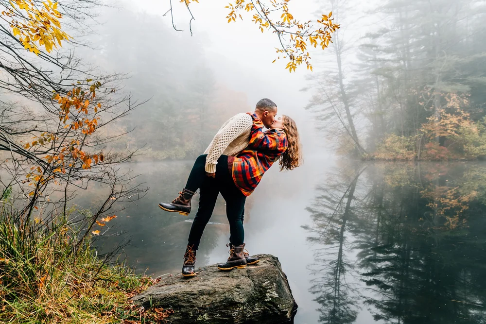 Foggy autumn couple's portrait session in New Hampshire