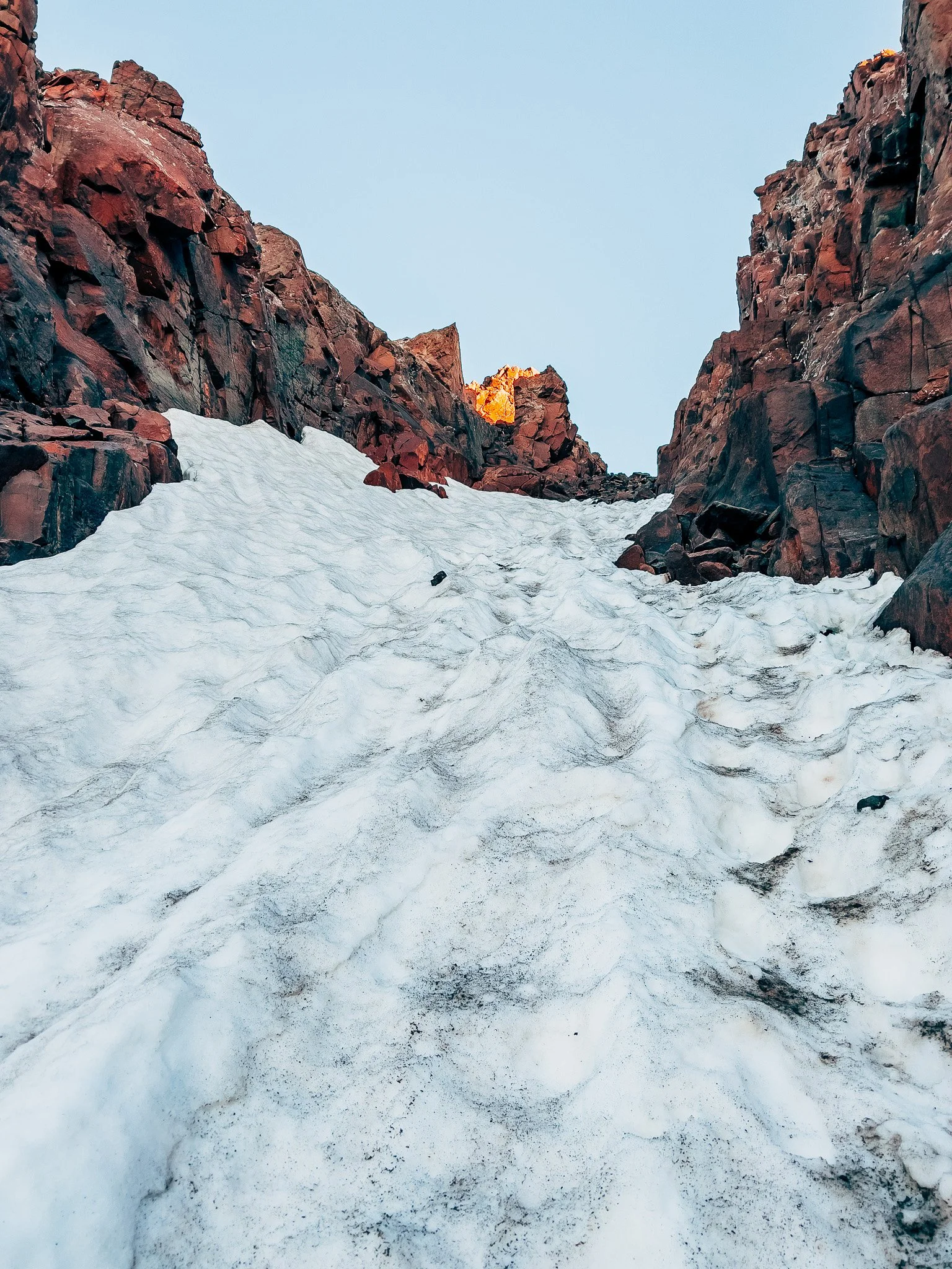 The chimney on Mount Sneffels with a snow patch