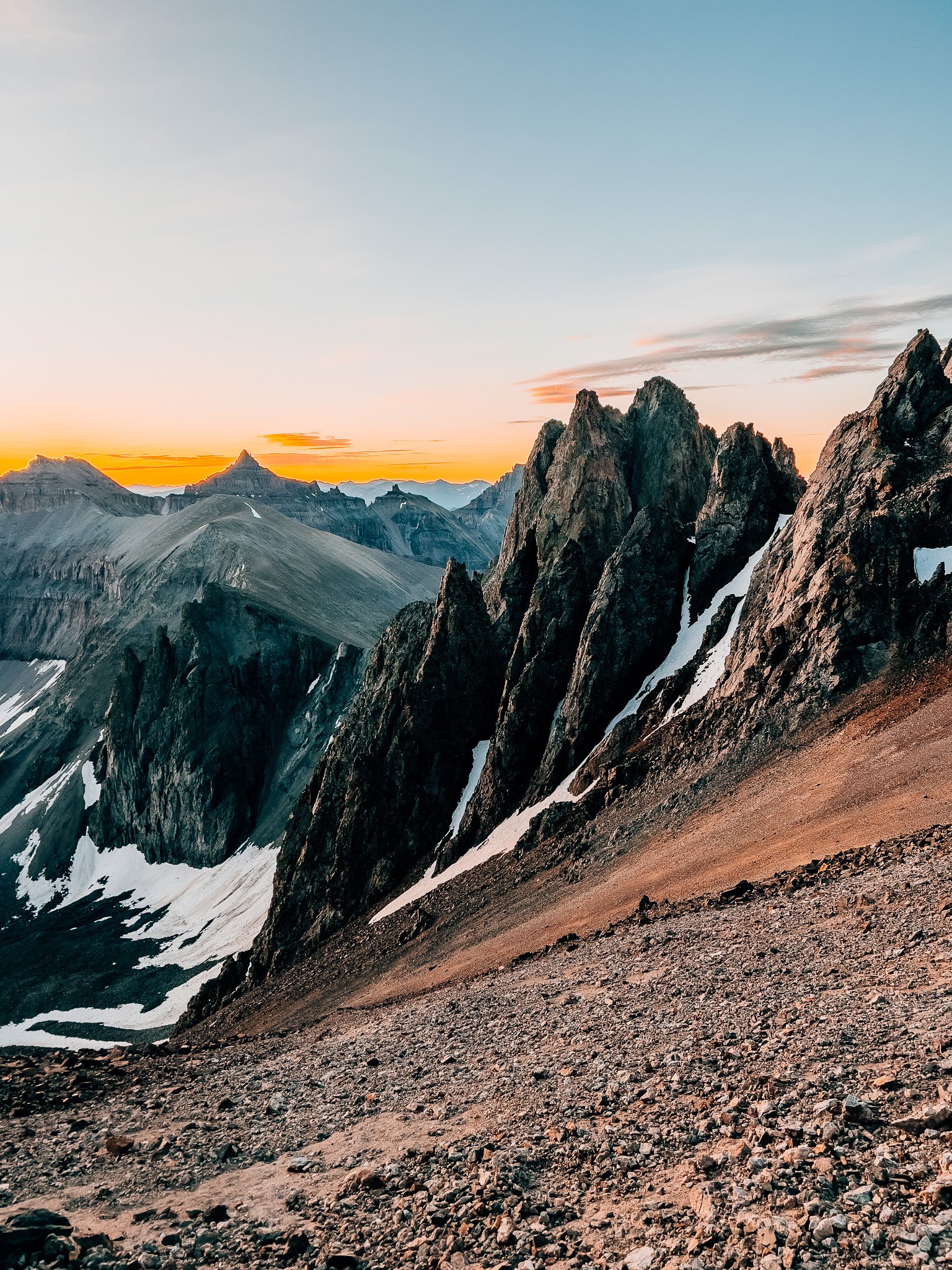 Golden sunrise light from the Sneffels saddle