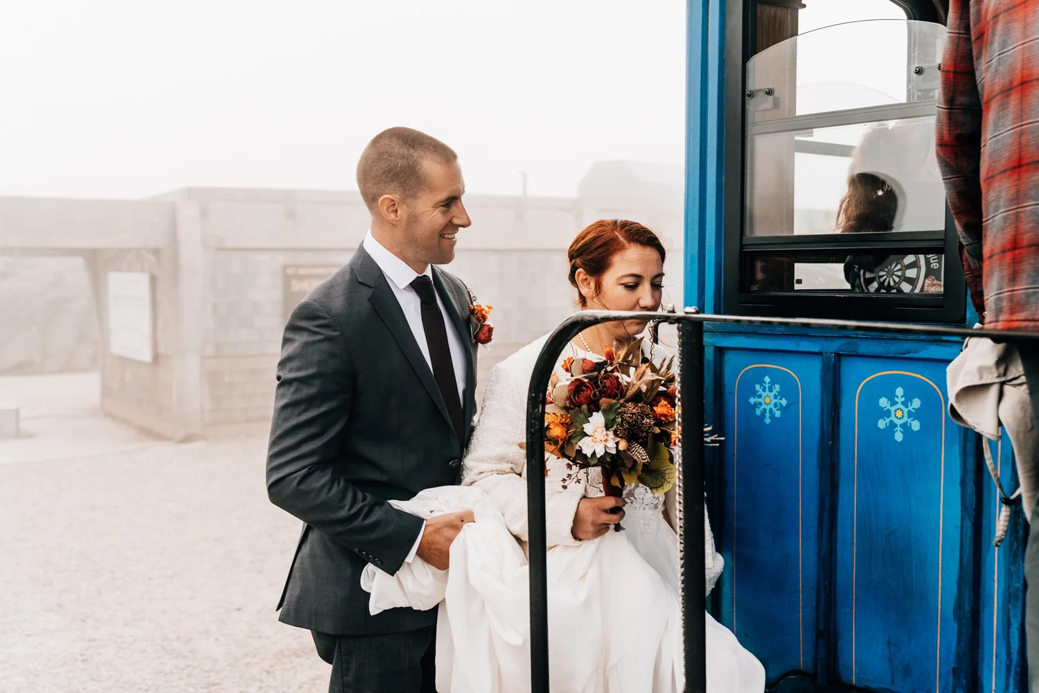 Danielle and Tom boarding the last Mount Washington Cog Railway train of the day in summit fog