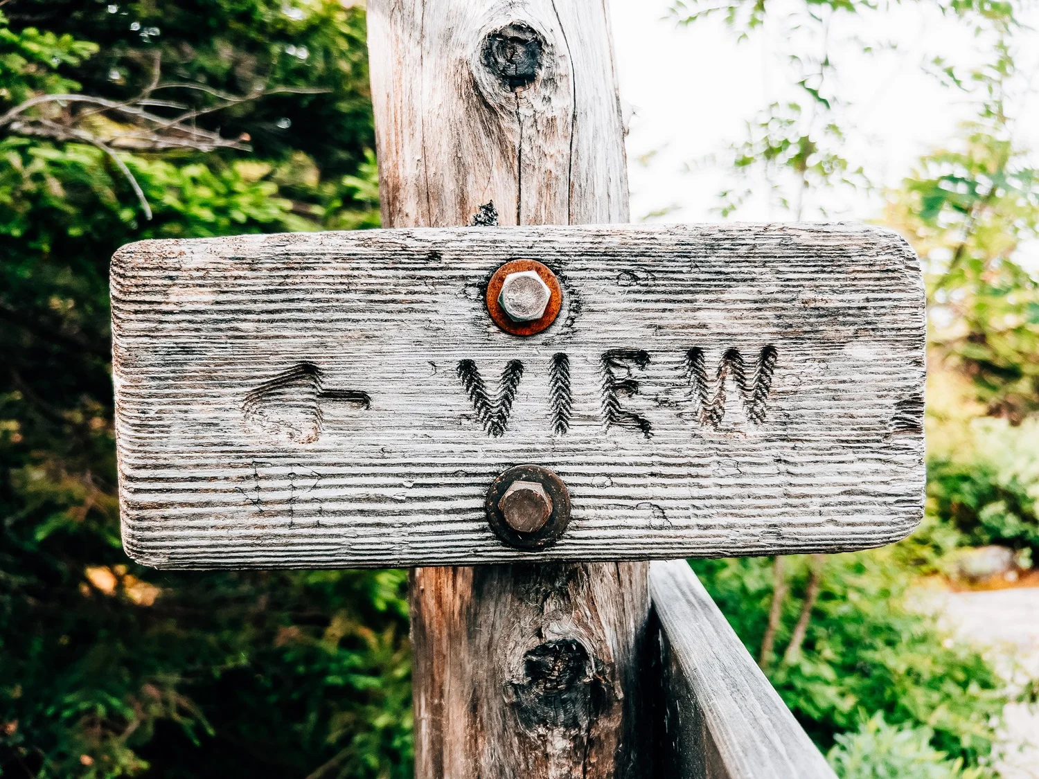 Hand-carved wooden VIEW sign on the Zeacliff Trail