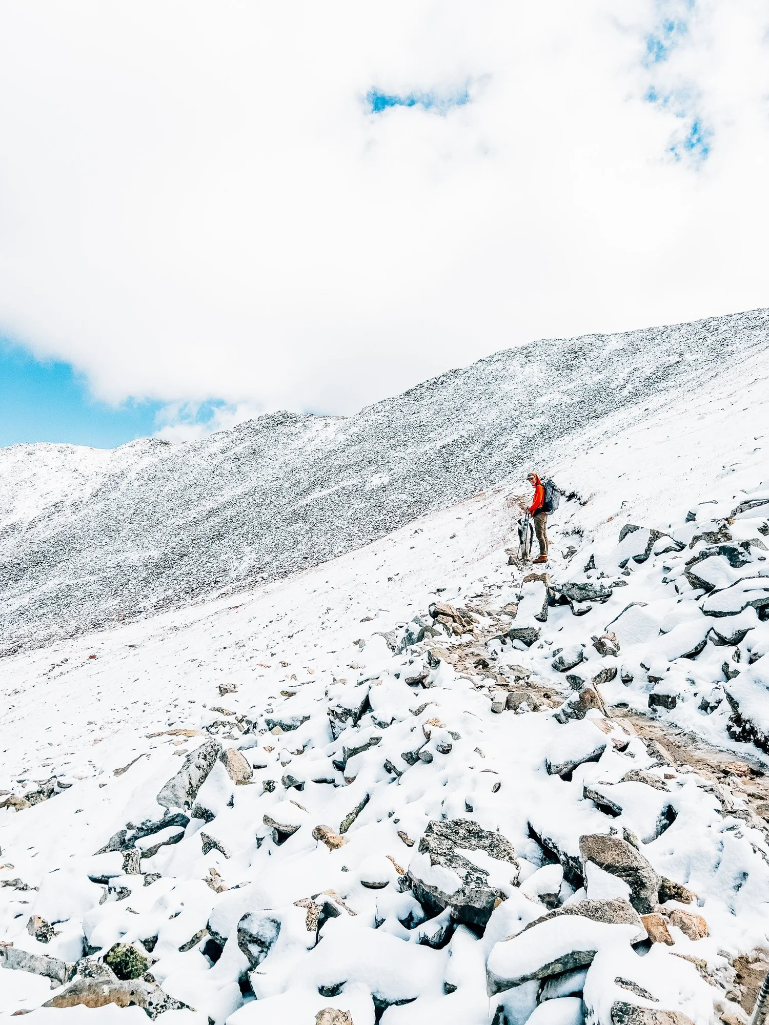 A snowed-in trail leading toward the summit
