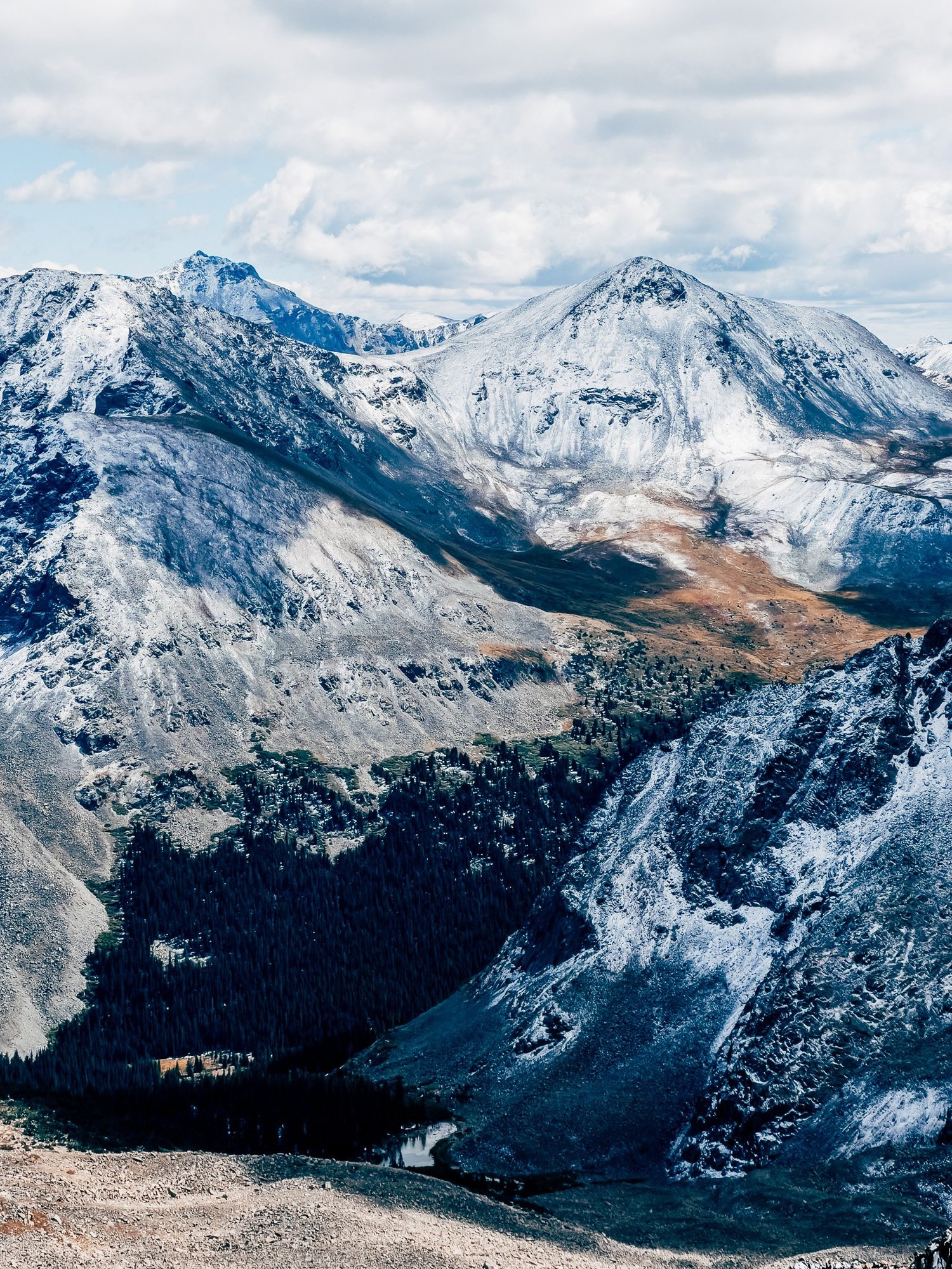 Neighboring 14ers seen from the saddle below Huron's summit