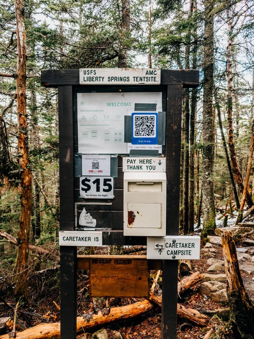 Liberty Spring Campsite sign with payment information