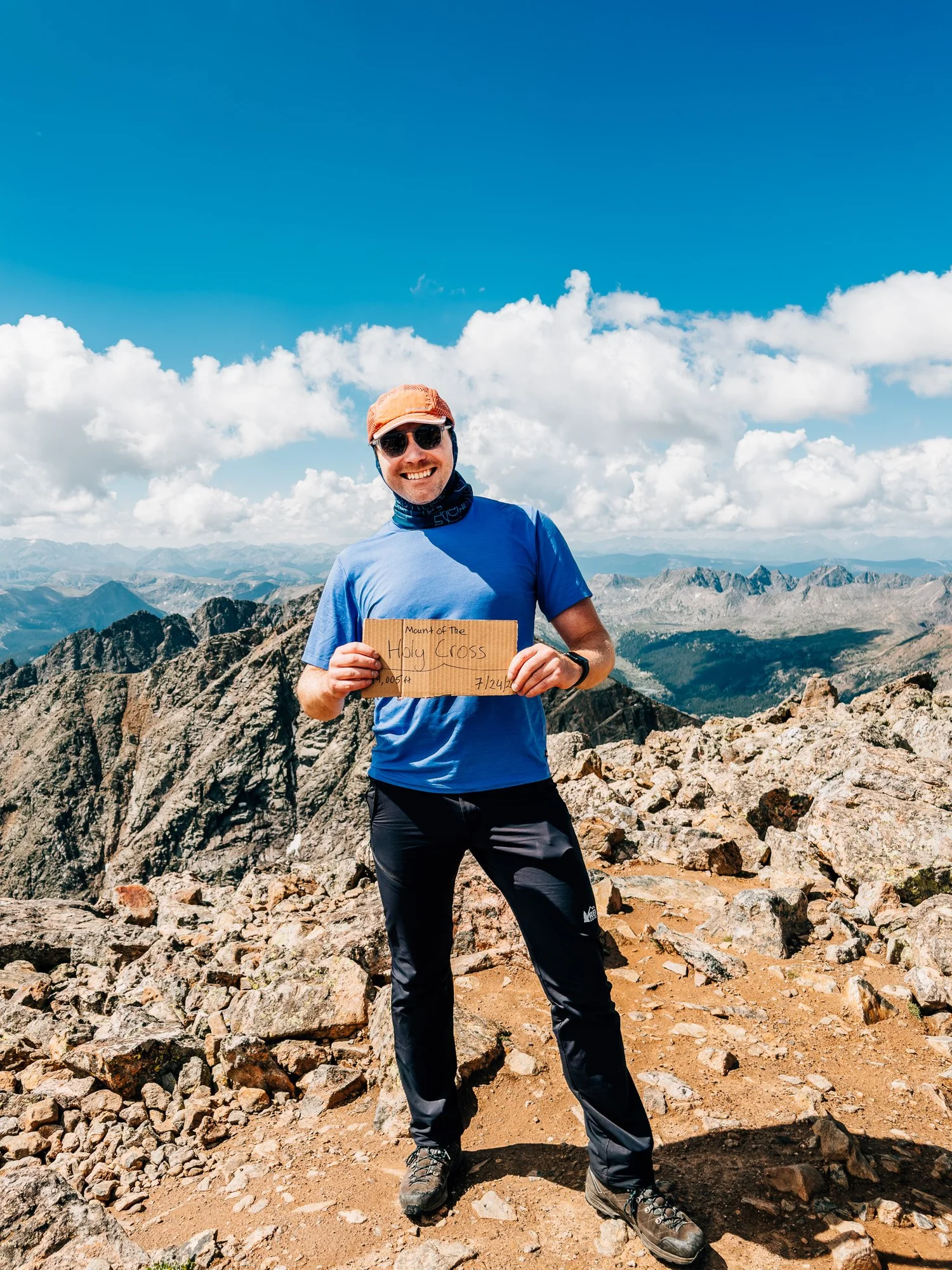 Self-portrait with the summit sign on Mount of the Holy Cross