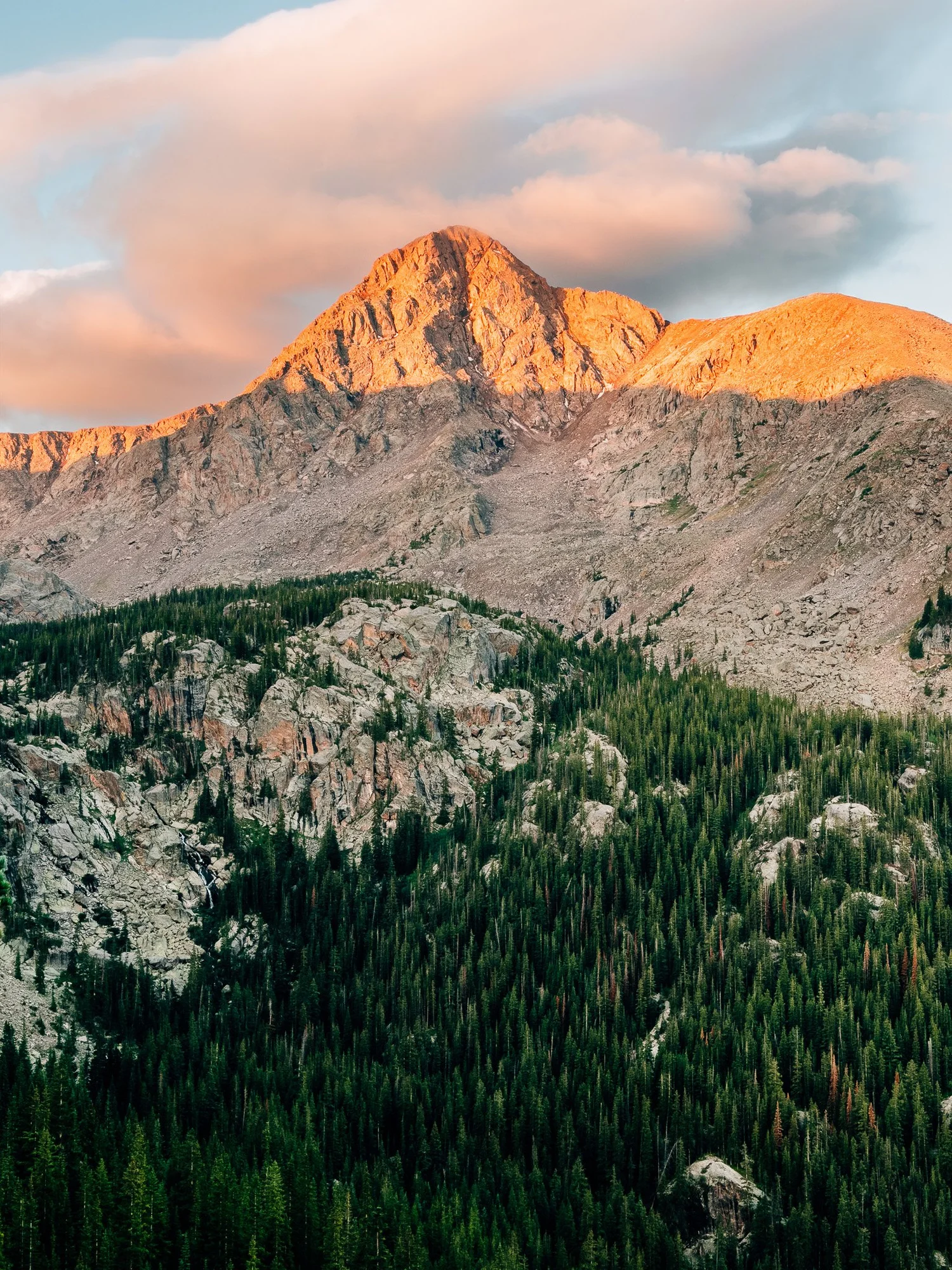 Alpenglow over the summit of Mount of the Holy Cross past Half Moon Pass