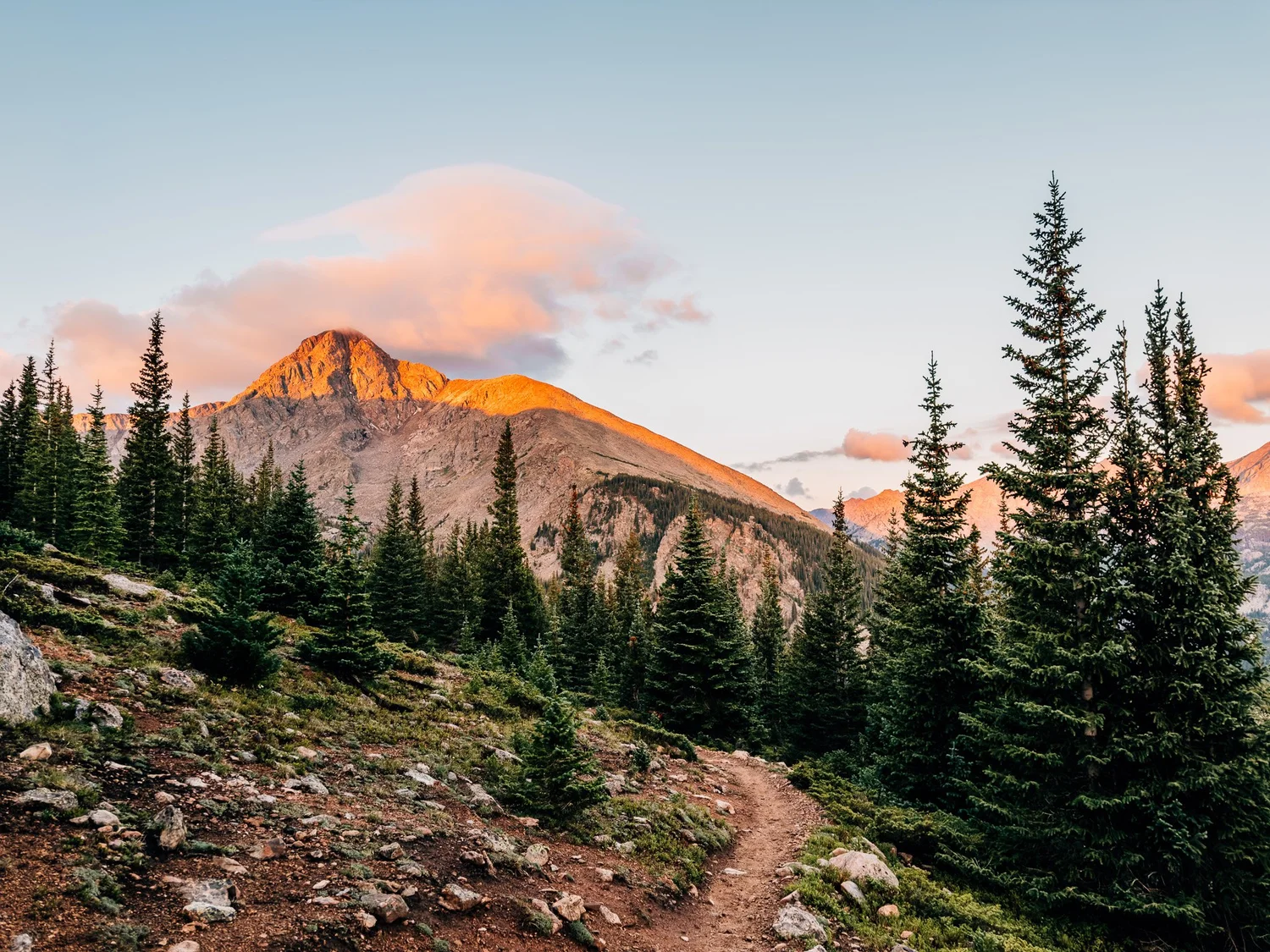 Alpenglow over the summit of Mount of the Holy Cross past Half Moon Pass