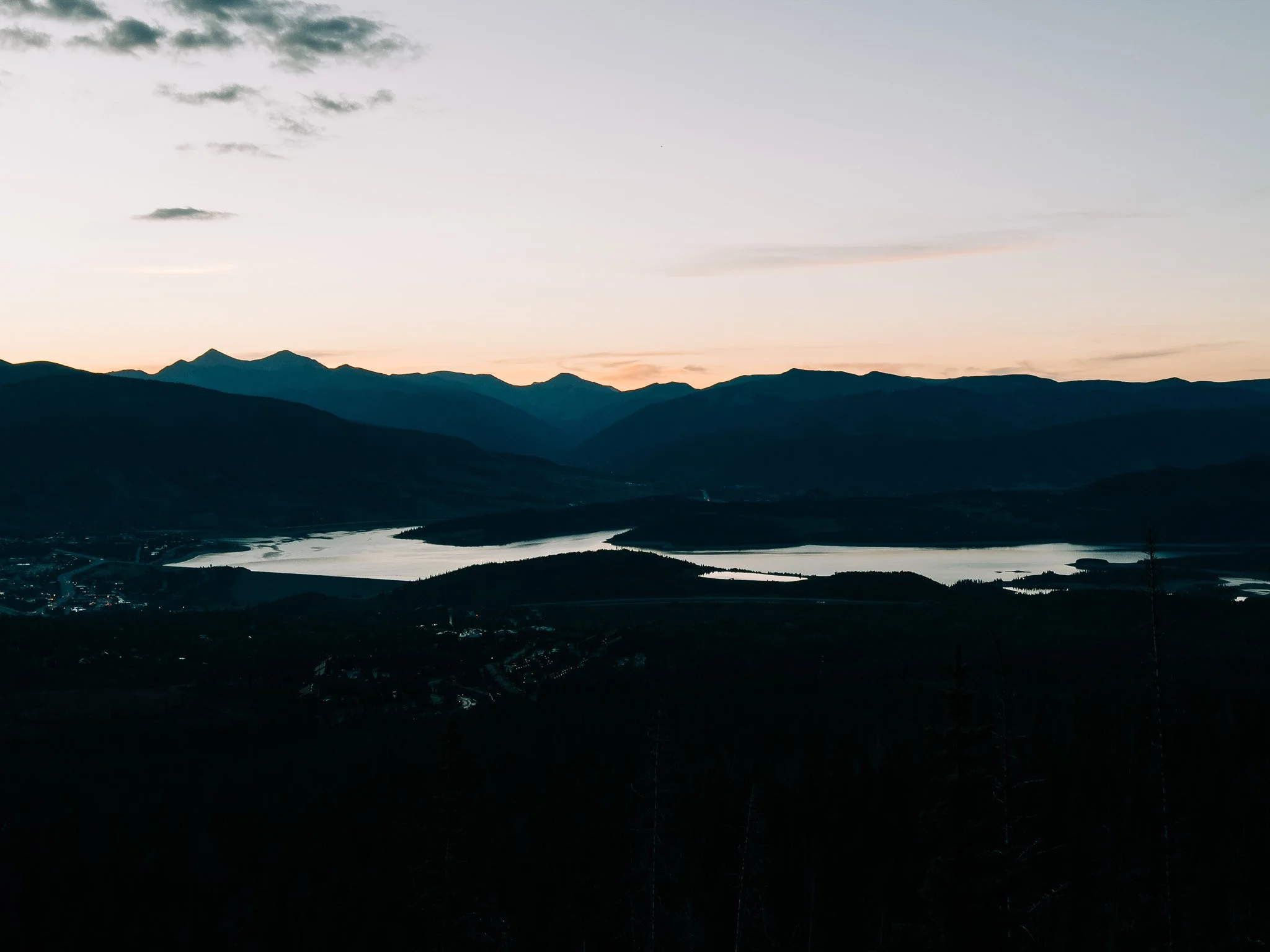 Dillon Reservoir seen from the alpine on Mount Buffalo in morning light