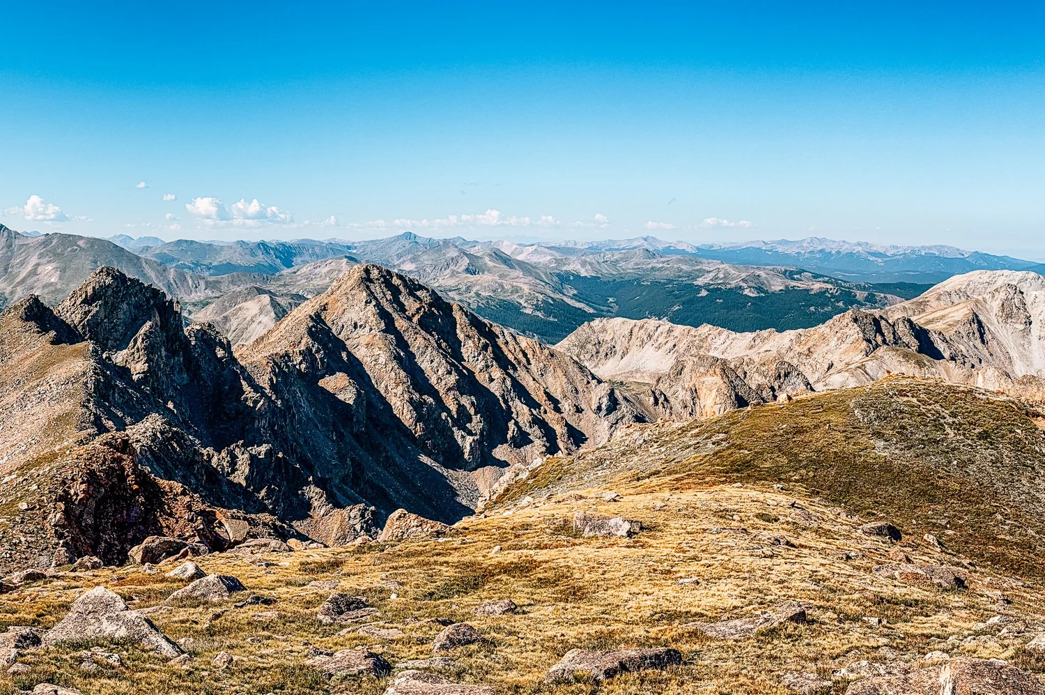 View south across the Collegiate Peaks from high on Mount Harvard