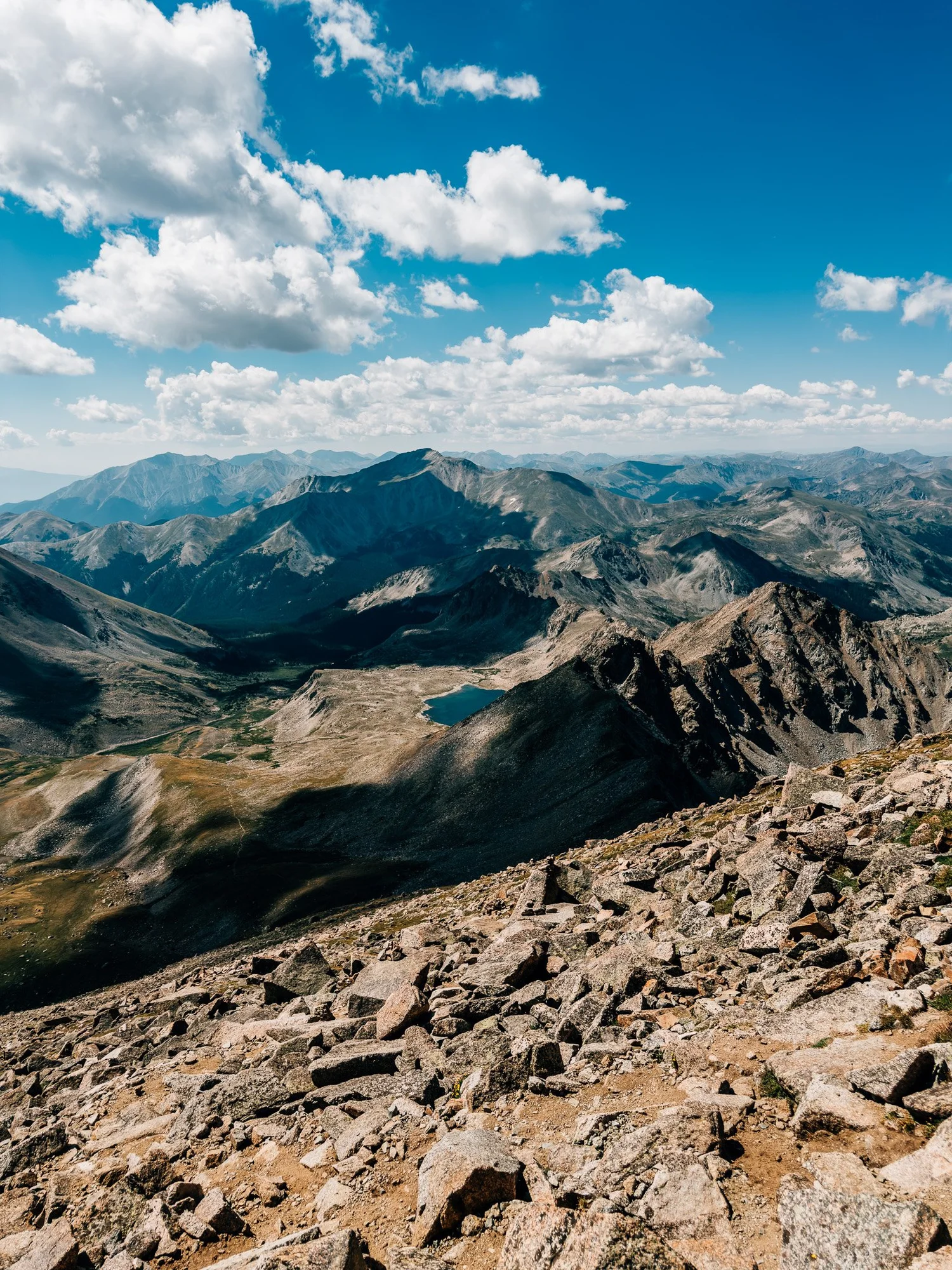 Looking south from the Mount Harvard summit with Bear Lake far below
