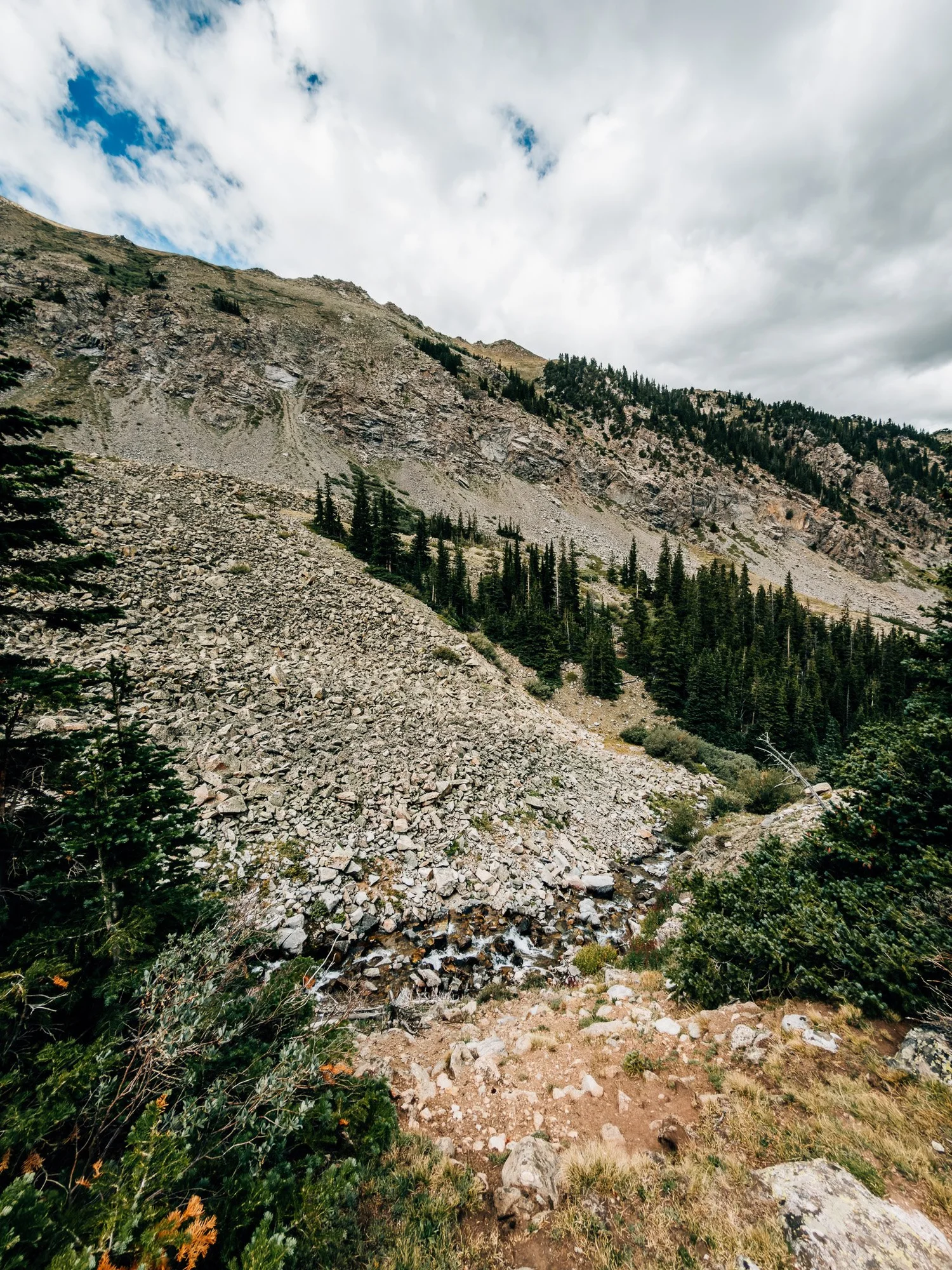 Large rockslide spilling down a slope to the creek in Missouri Gulch