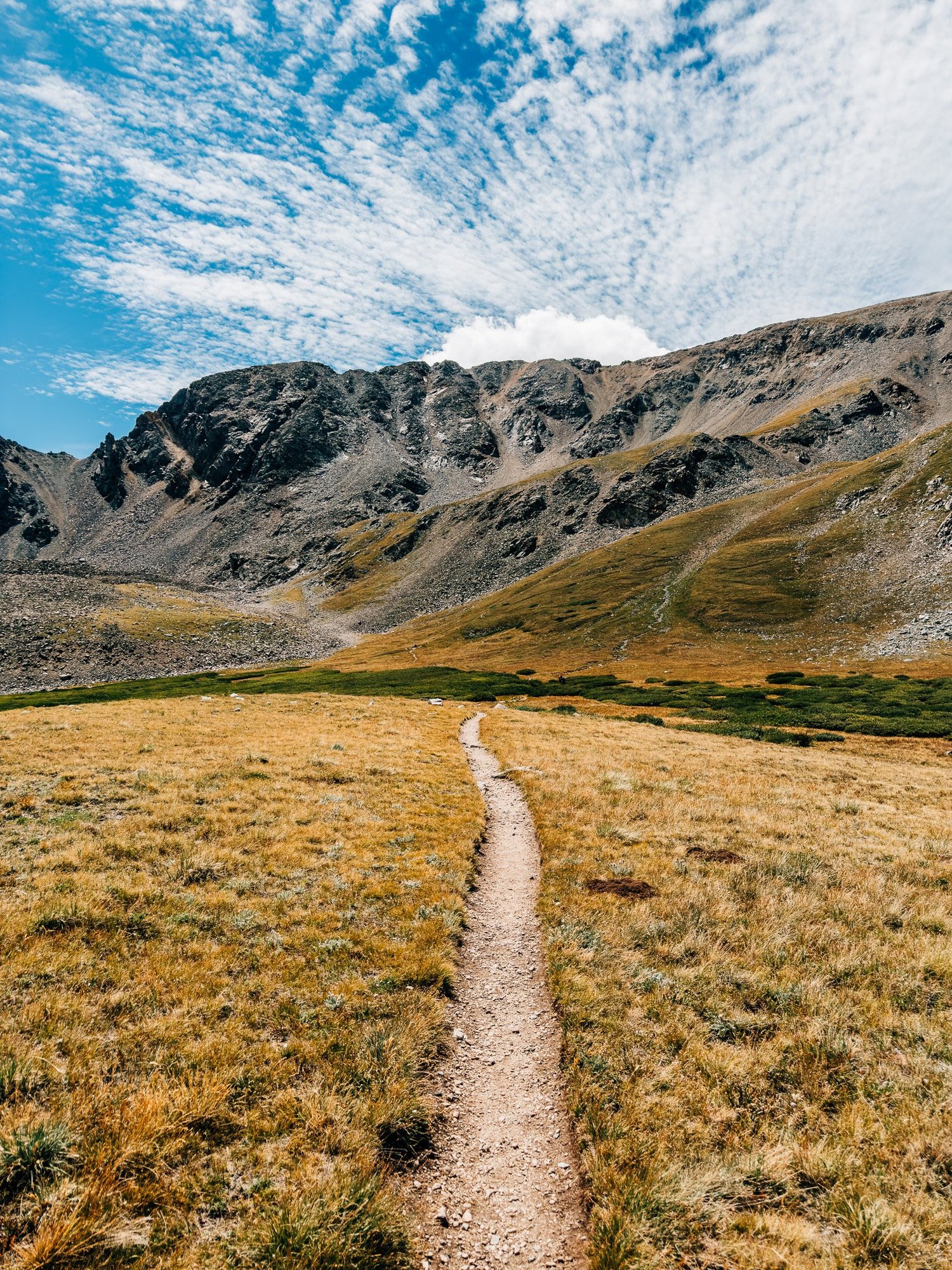 Single-track trail through golden grass toward a jagged rocky ridge under streaky clouds