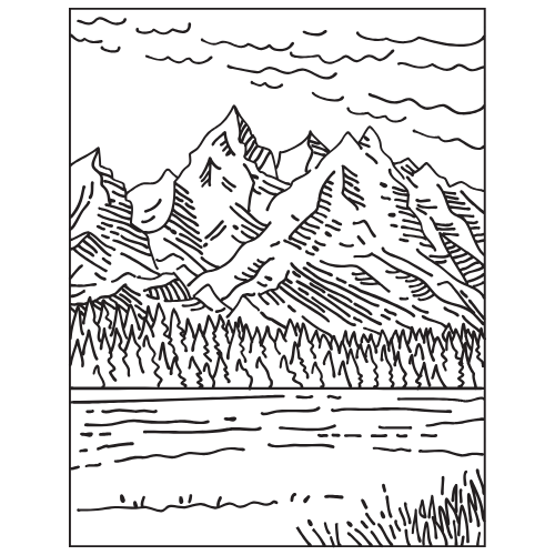 Hand-drawn illustration of the Grand Teton mountain range