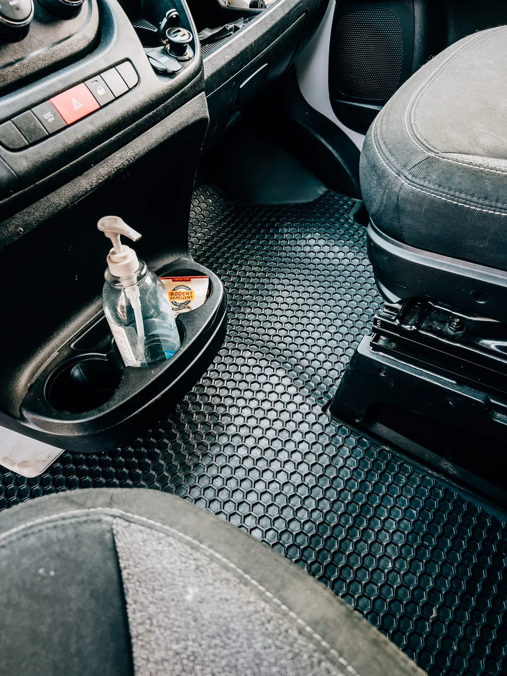 Honeycomb rubber floor mat installed in Ram ProMaster cab