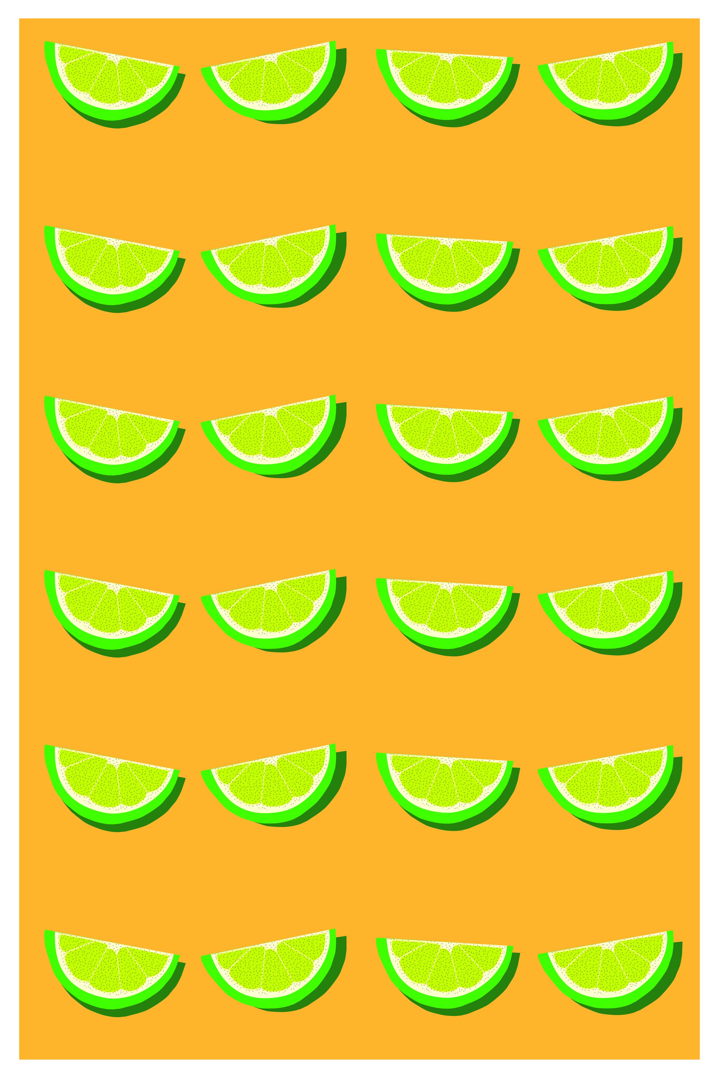 Multiple lime wedges arranged in a pattern on an orange background.