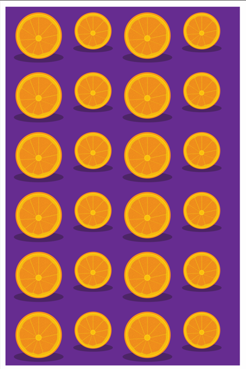 Pattern of orange slices on a purple background with shadows.