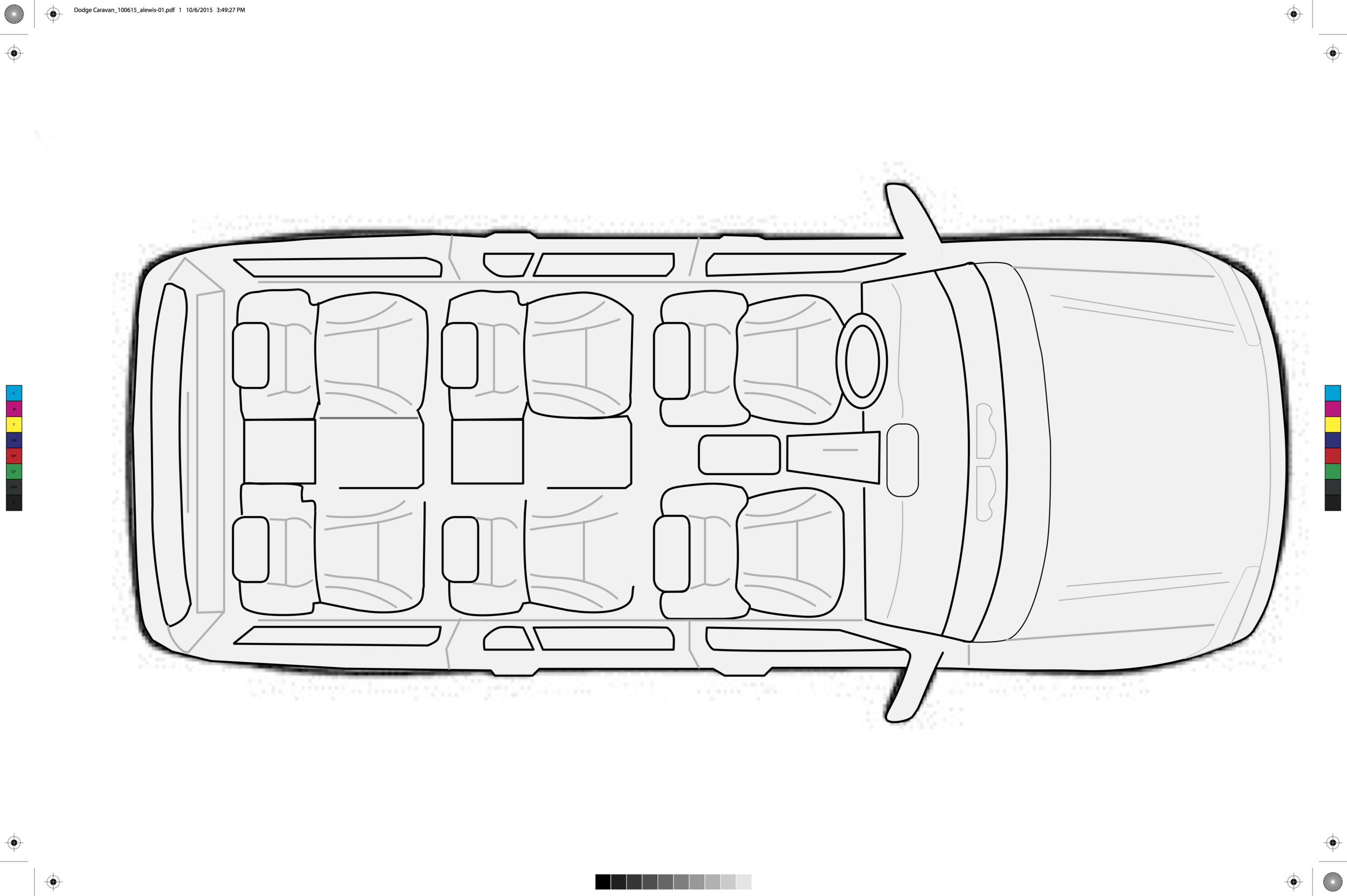 Top view of a vehicle layout diagram showing seven seats, a steering wheel, dashboard, and windshield.