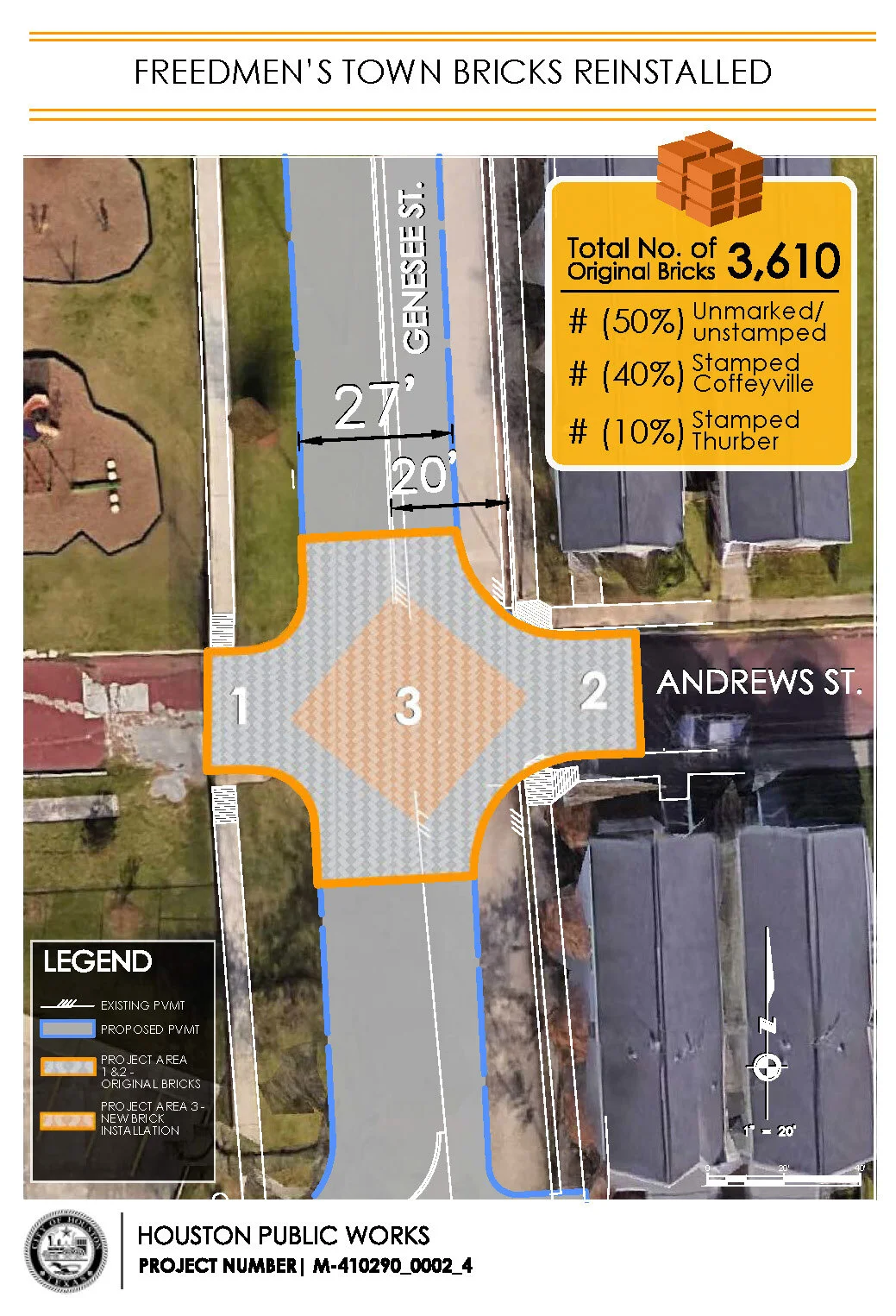 Map of Freedmen's Town showing the installation of bricks on Genesee Street and Andrews Street, with details on the number of original bricks and the project's scope, including a legend and project information from Houston Public Works.