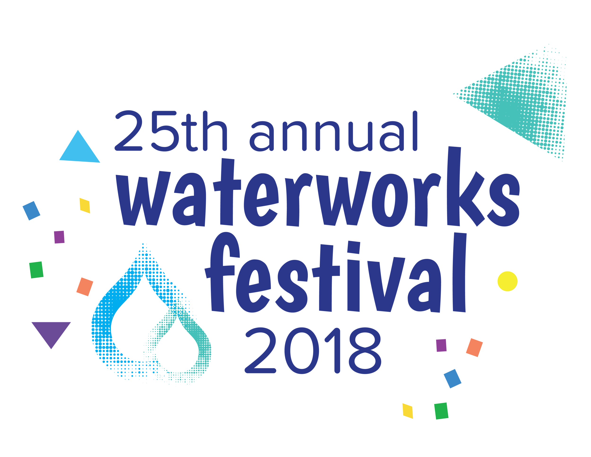 Logo for the 25th annual waterworks festival 2018 with a water droplet and colorful confetti around it.