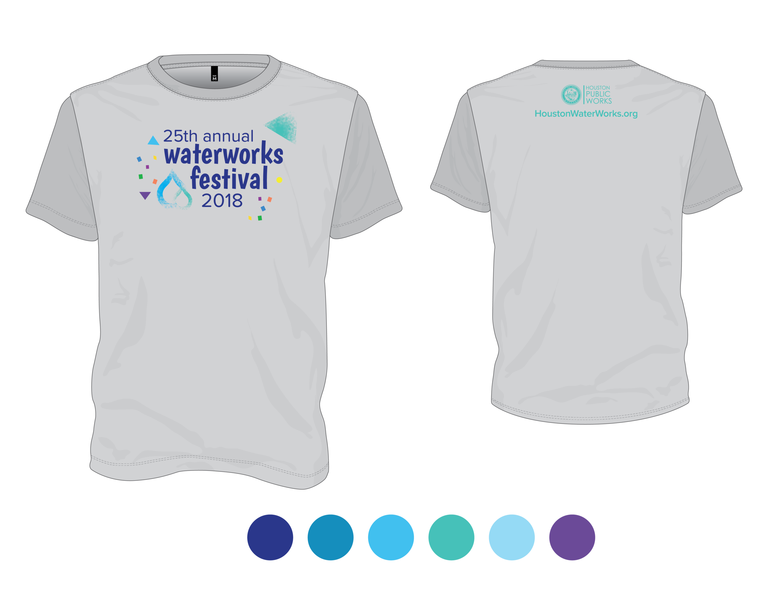 Back and front view of a gray t-shirt for the 25th annual Waterworks Festival 2018, with event logo and date on the front and Houston WaterWorks website on the back.