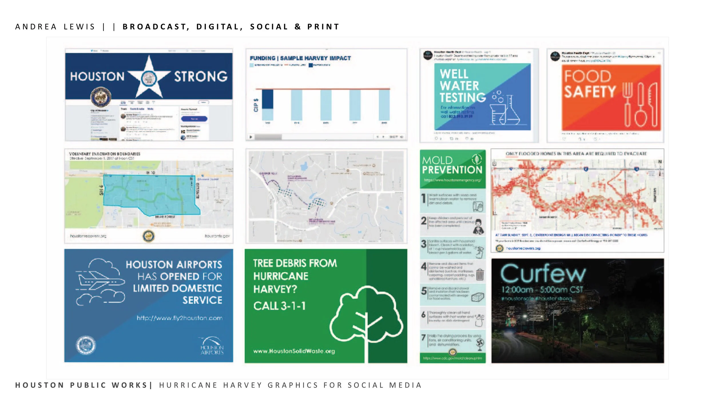 Collection of social media graphics and informational posters related to Houston's disaster response, health safety, and public service announcements including hurricane Harvey impact, water testing, food safety, evacuation boundaries, tree debris re