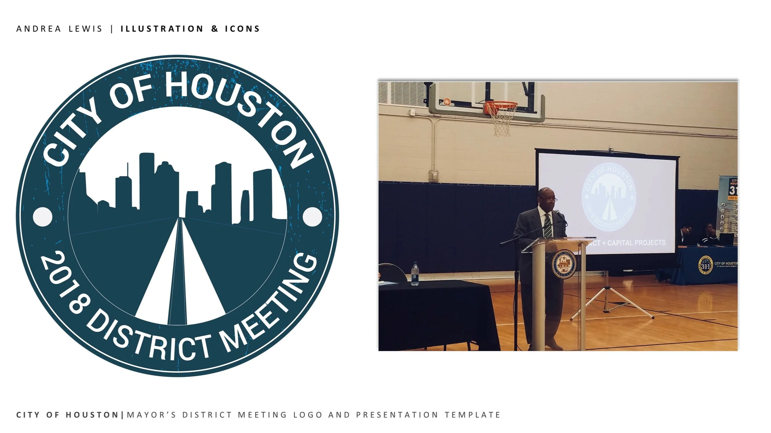Logo for the City of Houston's 2018 District Meeting, featuring a stylized city skyline and road extending toward the horizon. A man is speaking at a podium during a meeting inside a gymnasium, with a screen displaying the same logo in the background