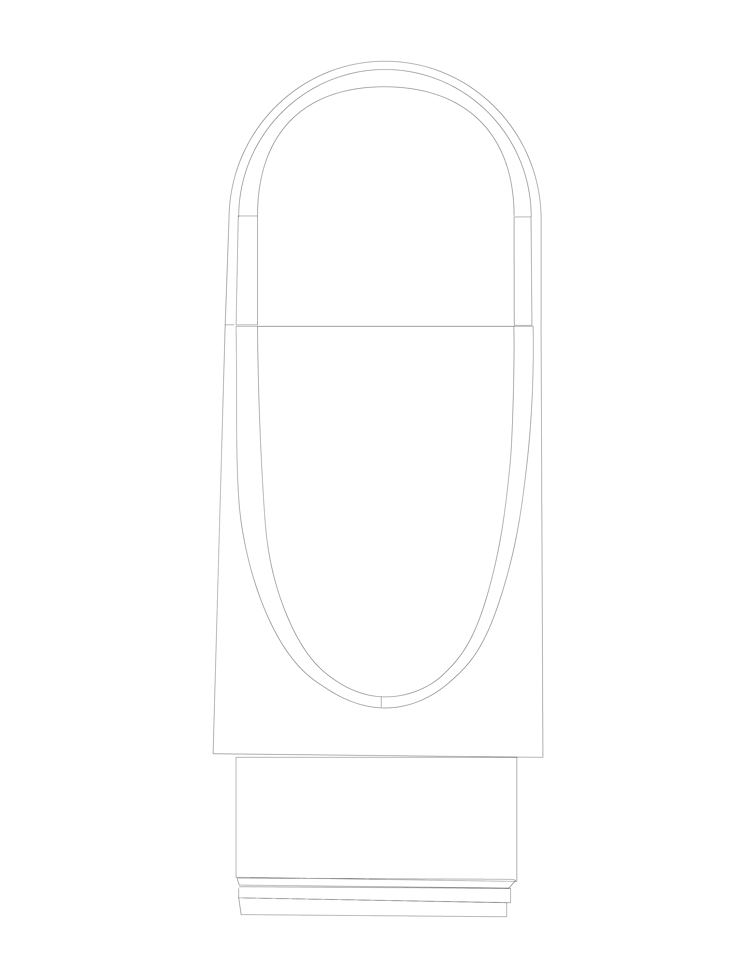 Top view blueprint of an elongated oval-shaped toilet with detailed measurements and design lines.
