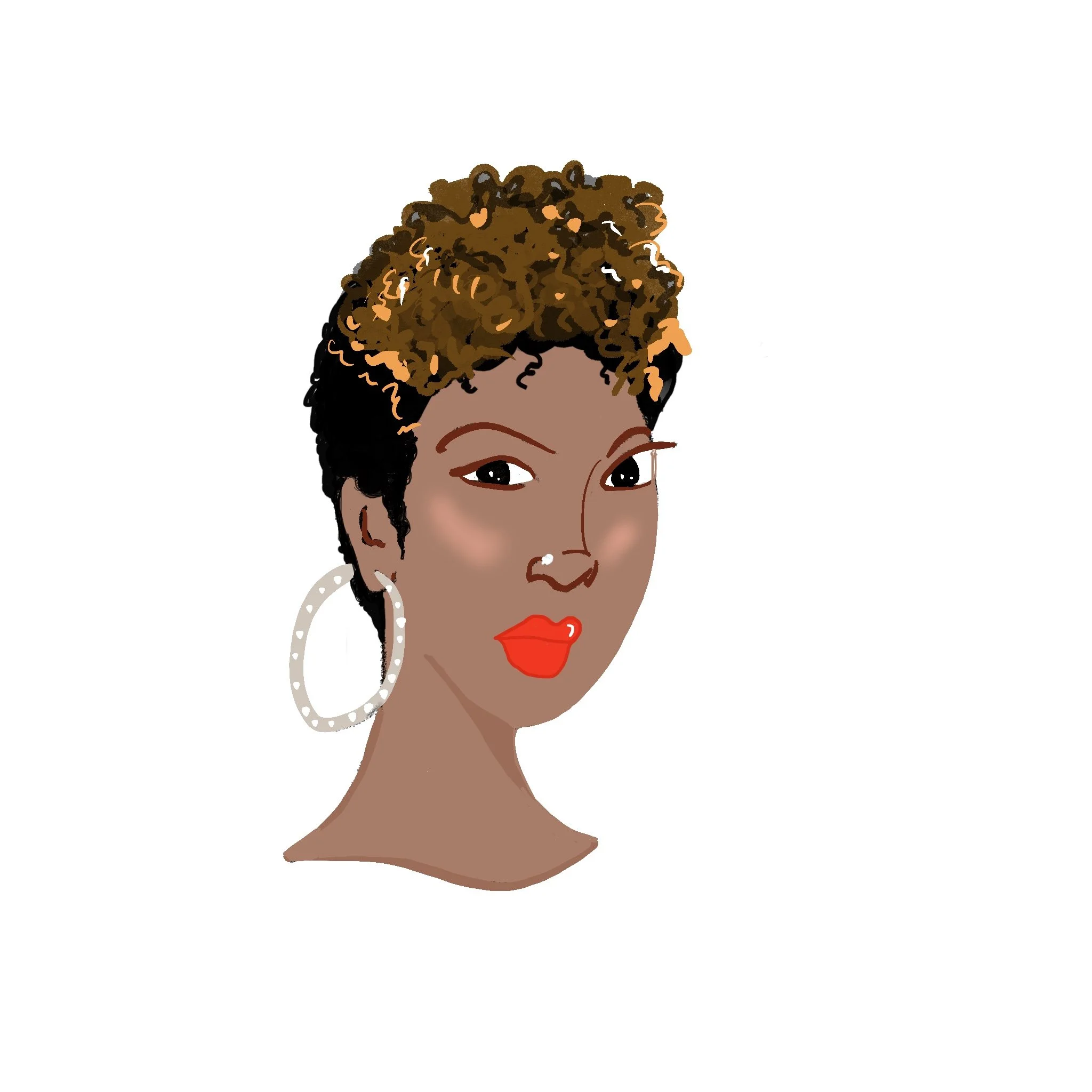 Illustration of a woman with short, curly hair, wearing large hoop earrings and red lipstick.