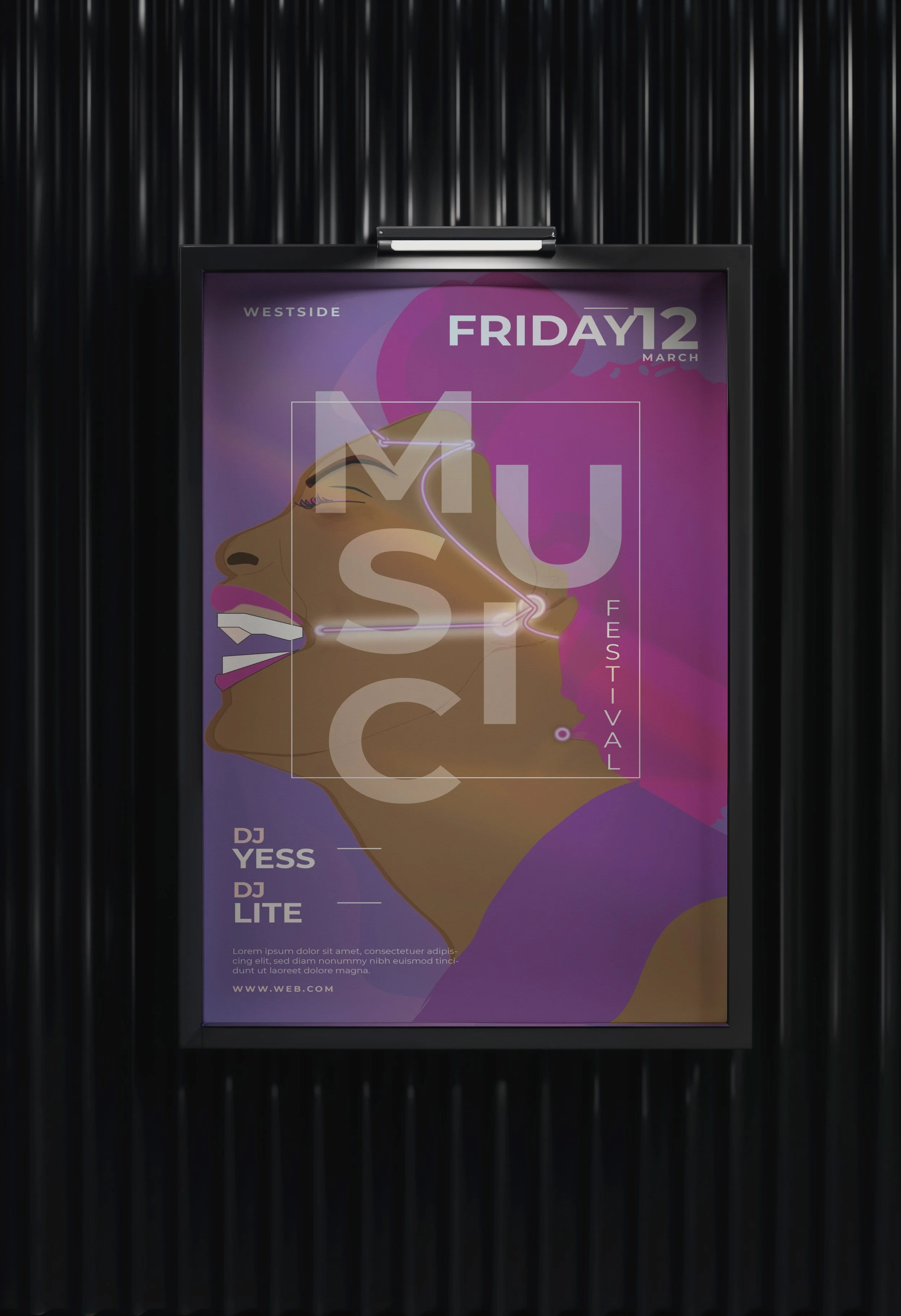 A poster for the MUSEC Festival shows a stylized profile of a woman's face with colorful facial features and a neon light outline, with event details including date, location, and DJs on a purple and pink background, framed in black with a reflective black curtain behind.