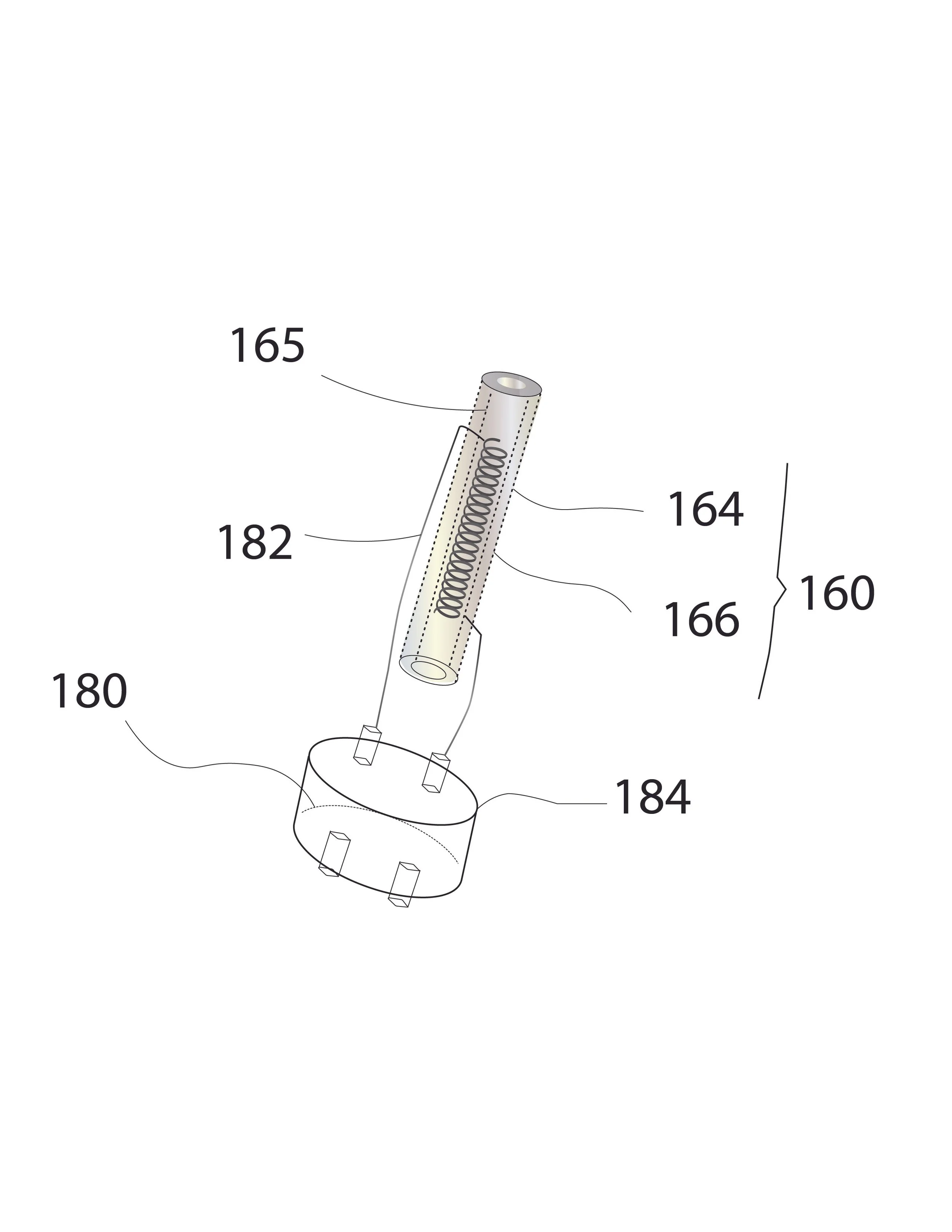 Technical drawing of a cylindrical mechanical component with labeled parts, including a spring inside a tube and a base with protrusions.