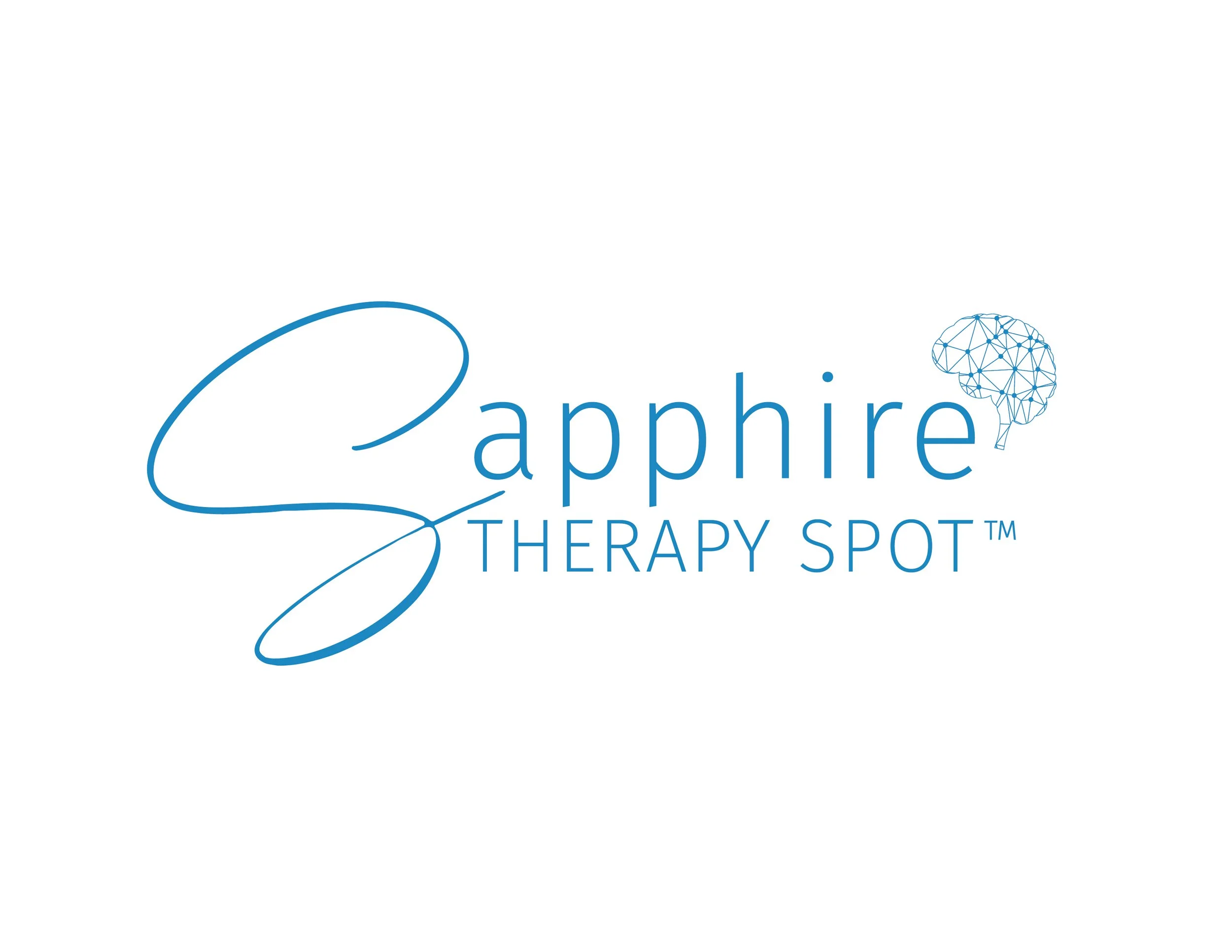Logo for Sapphire Therapy Spot with a stylized blue script letter 'S' and a digital brain illustration.