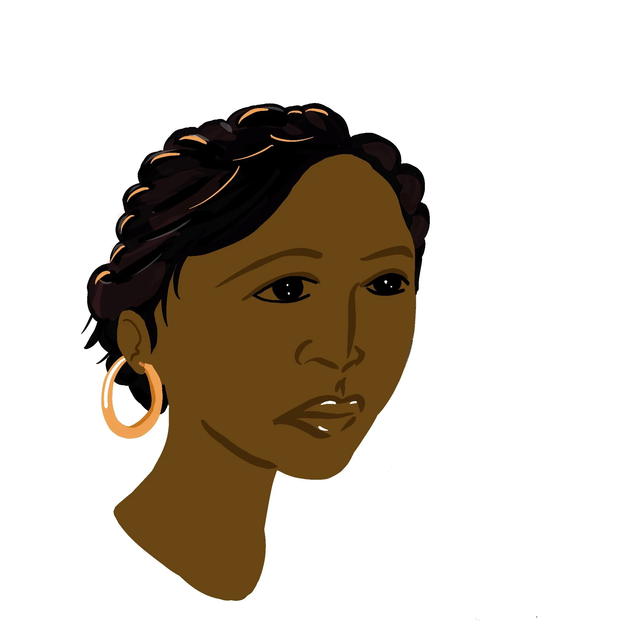 Digital illustration of a woman with dark skin, braided hairstyle, and wearing hoop earrings.