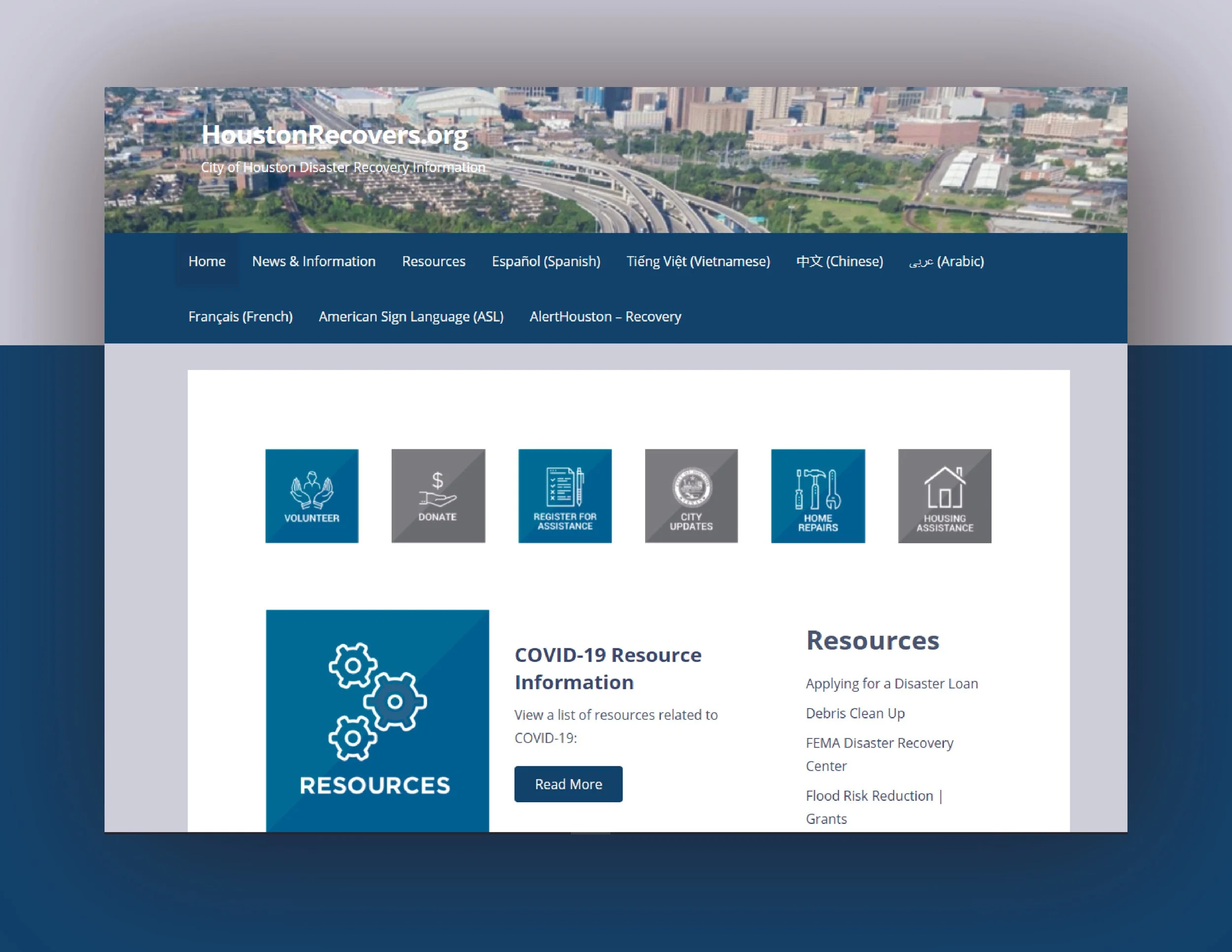 Screenshot of HoustonRecover.org website with disaster recovery resources, including buttons for volunteers, donations, assistance registration, city updates, home repairs, housing assistance, and COVID-19 information, with a cityscape background.