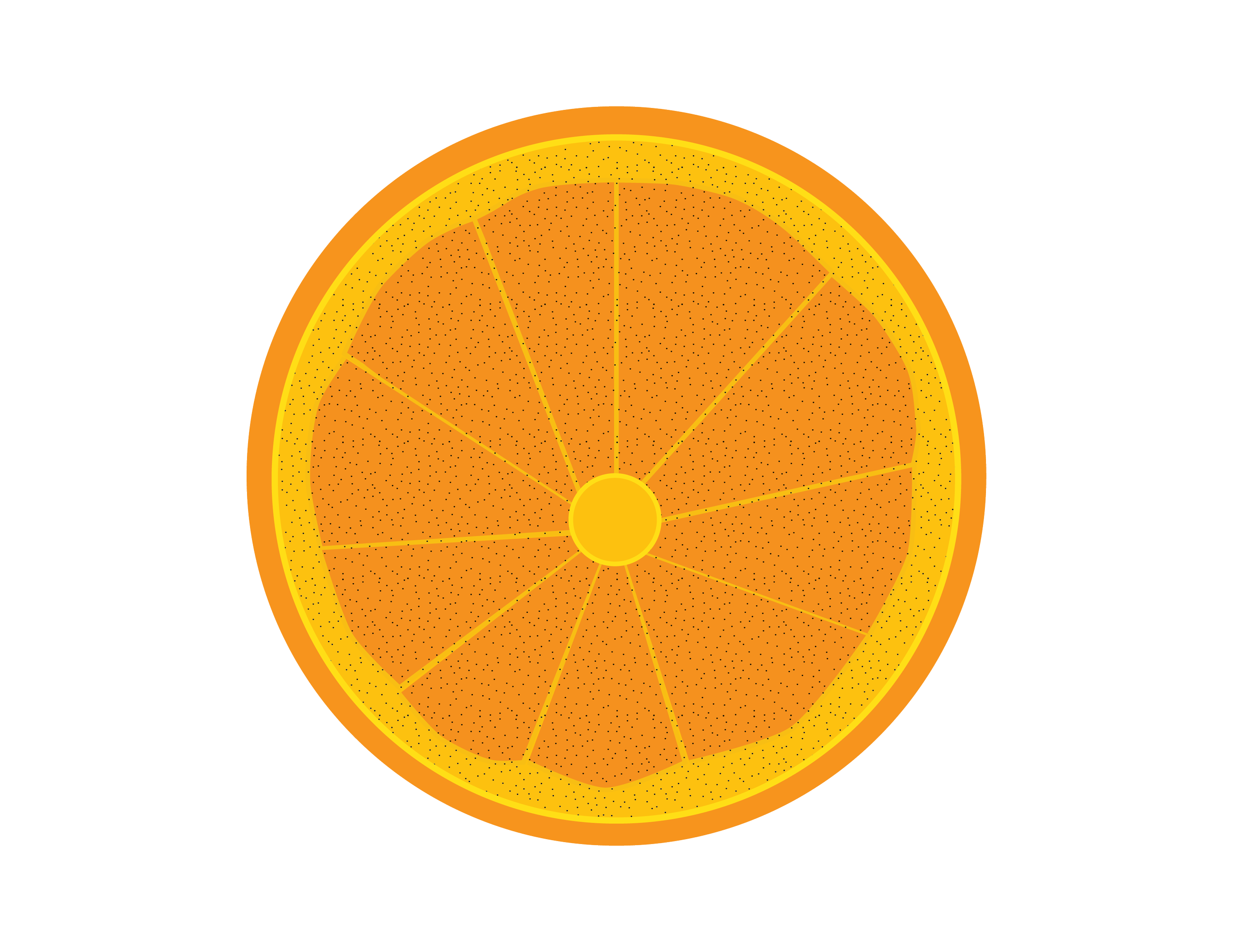 A digital illustration of an orange sliced in half, showing the inner segments and peel.