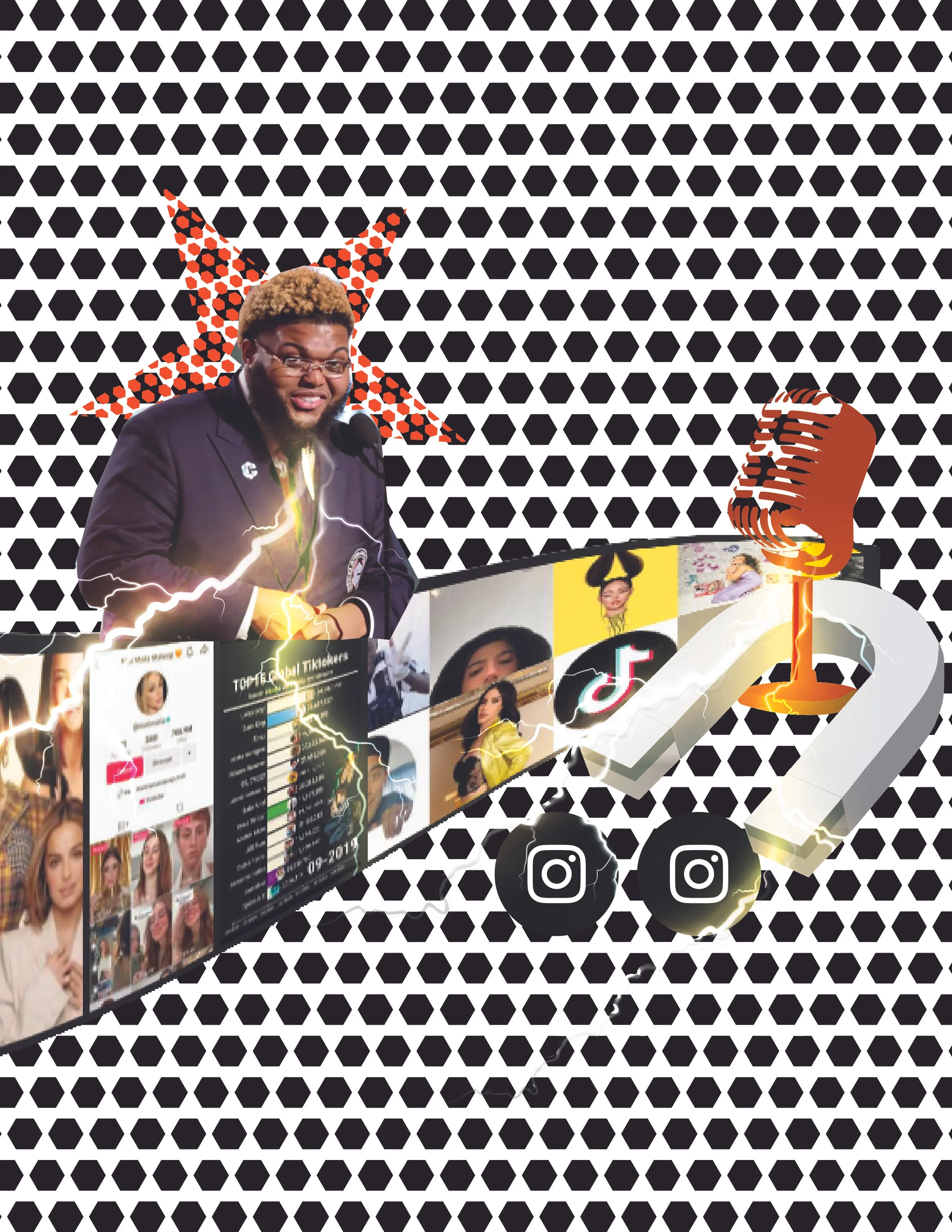 Collage of a person at a microphone, social media icons, and photos of women, with a patterned black and white background.